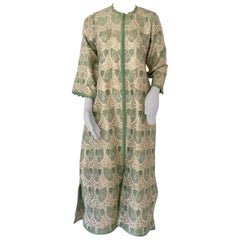 Elegant Moroccan Caftan Lime Green and Silver and Gold Metallic Floral Brocade