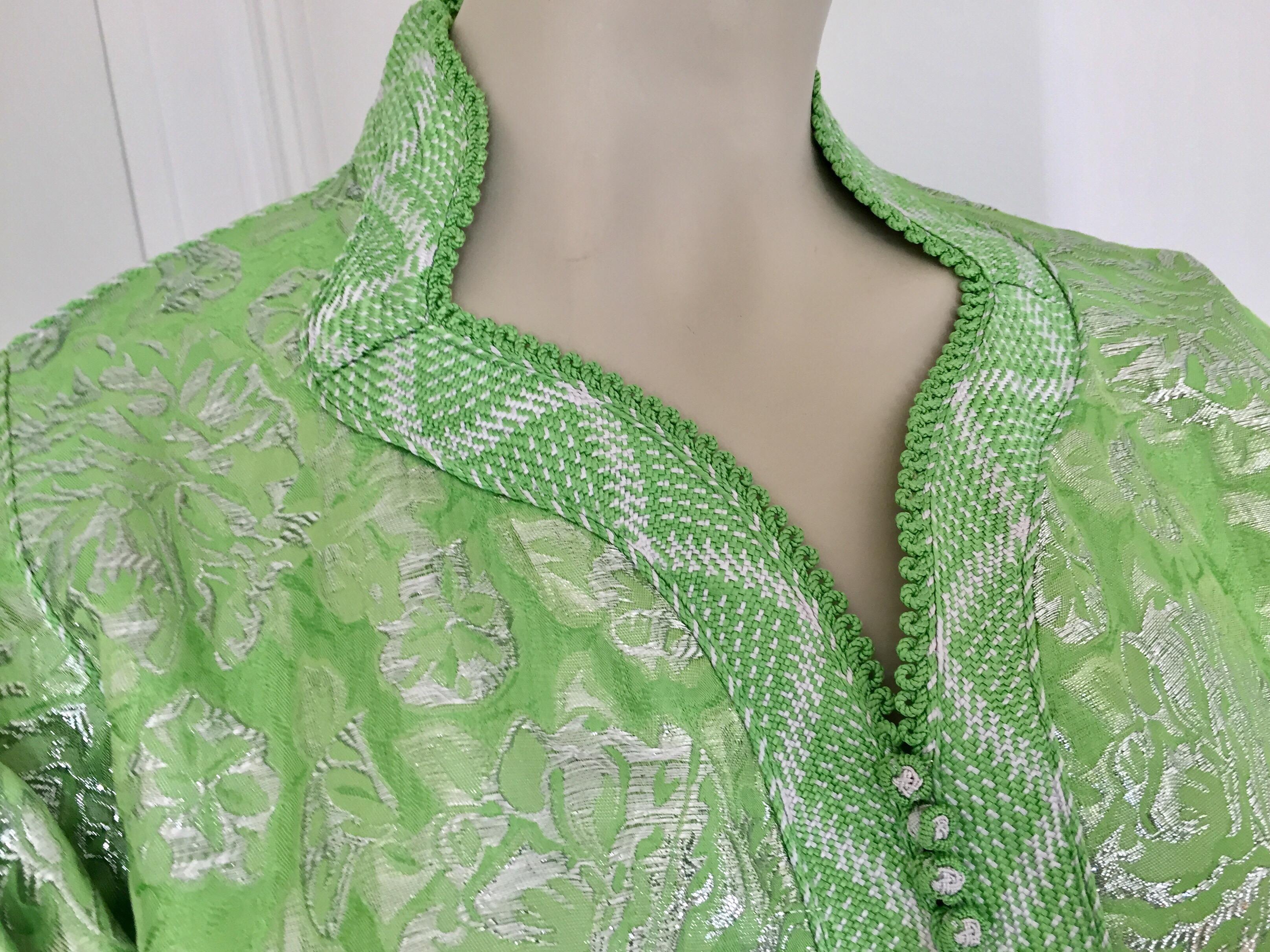 Elegant Moroccan Caftan Lime Green and Silver Metallic Floral Brocade 1