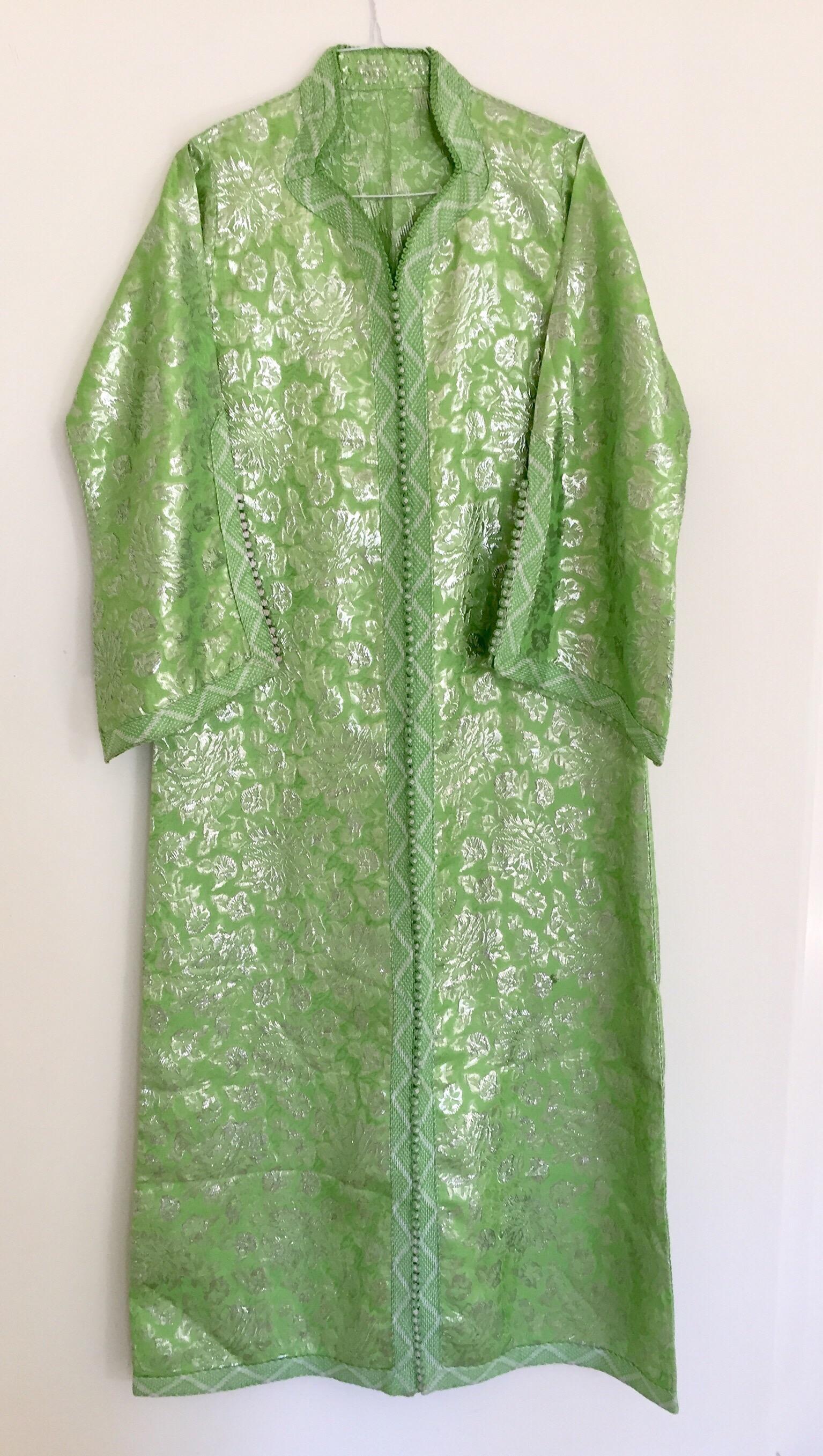Elegant Moroccan Caftan Lime Green and Silver Metallic Floral Brocade 3