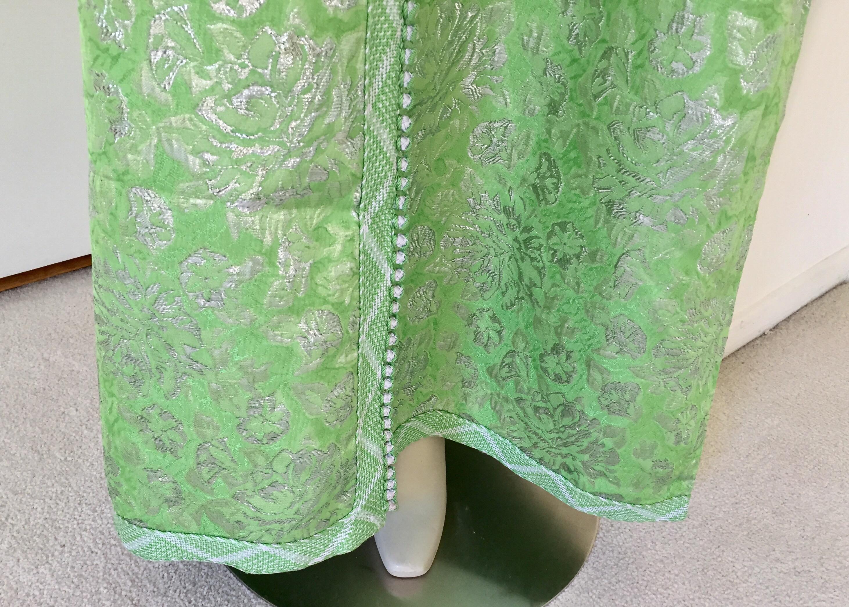 Elegant Moroccan Caftan Lime Green and Silver Metallic Floral Brocade 4