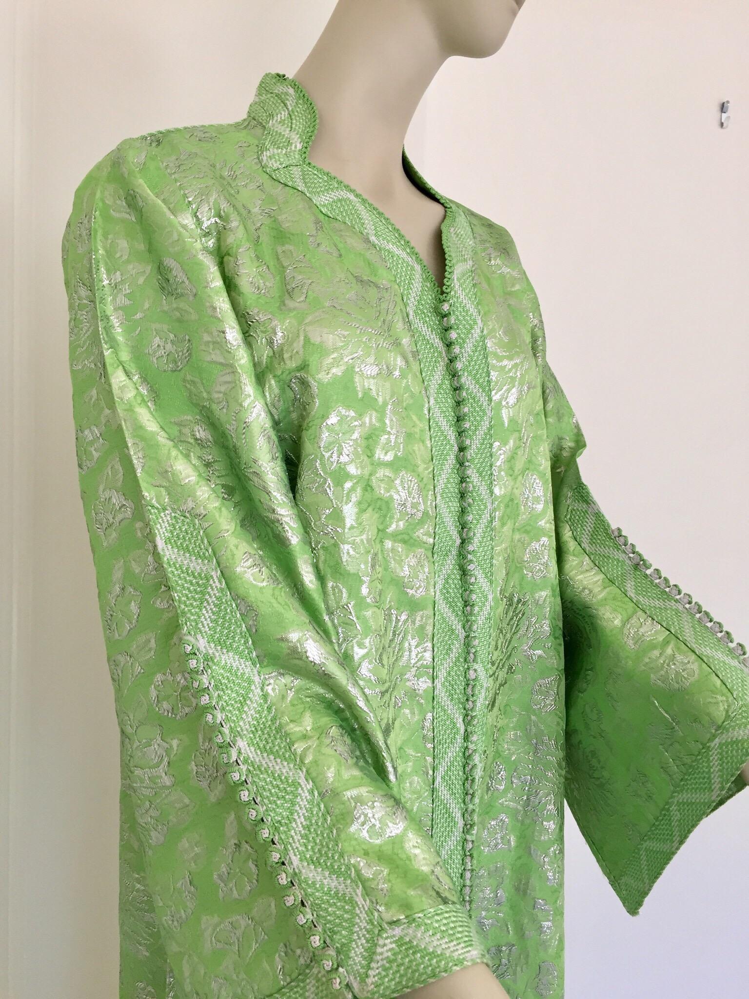 Elegant Moroccan Caftan Lime Green and Silver Metallic Floral Brocade 5