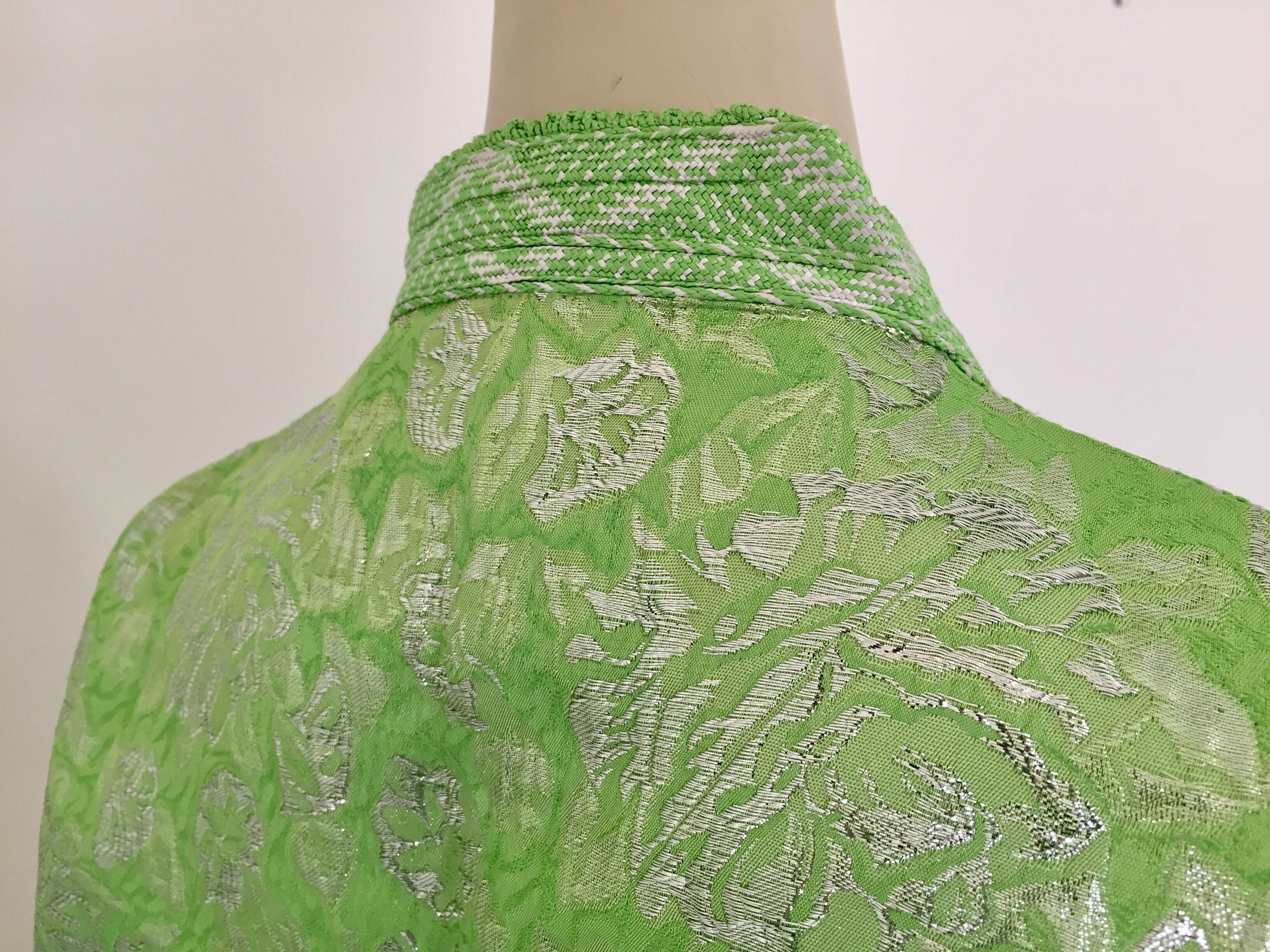 Elegant Moroccan Caftan Lime Green and Silver Metallic Floral Brocade 6
