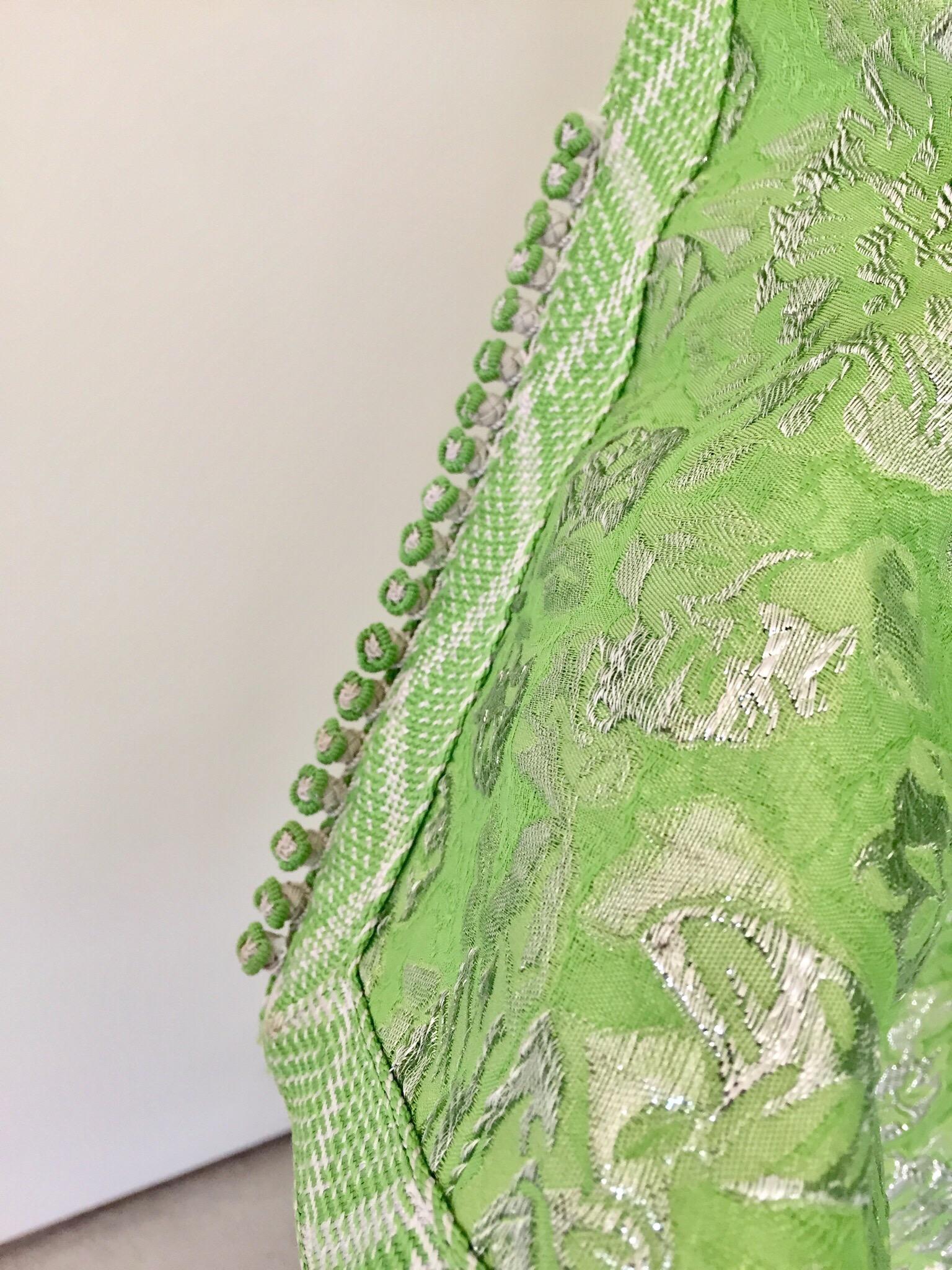 Elegant Moroccan Caftan Lime Green and Silver Metallic Floral Brocade 8