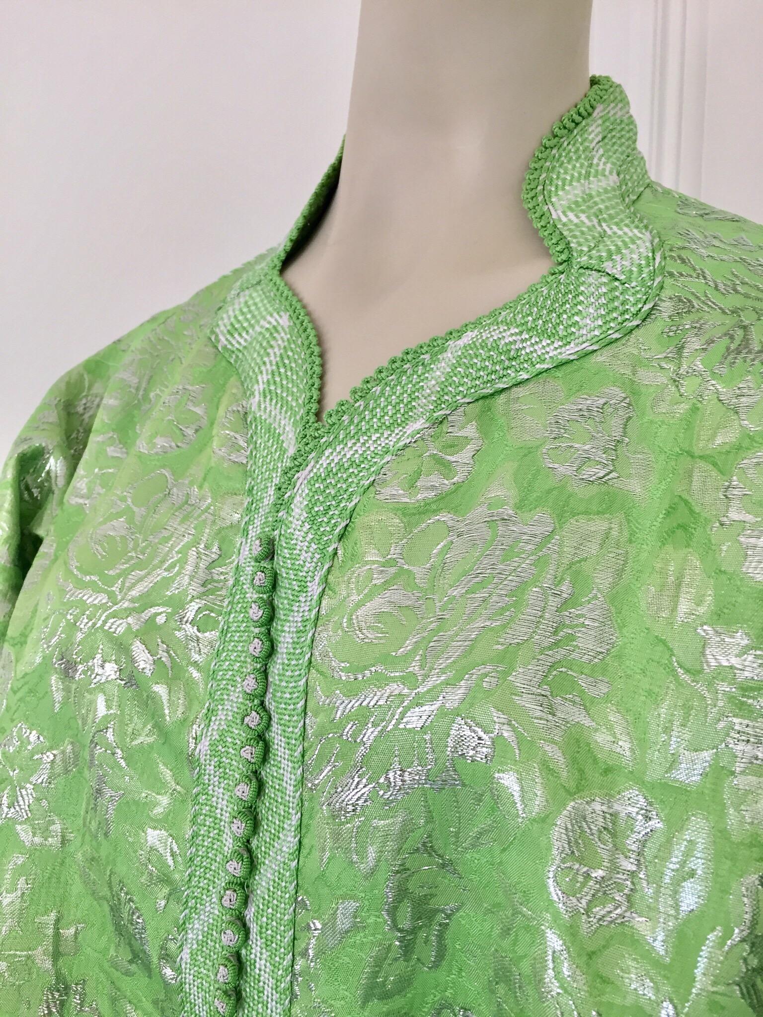Elegant Moroccan Caftan Lime Green and Silver Metallic Floral Brocade 9