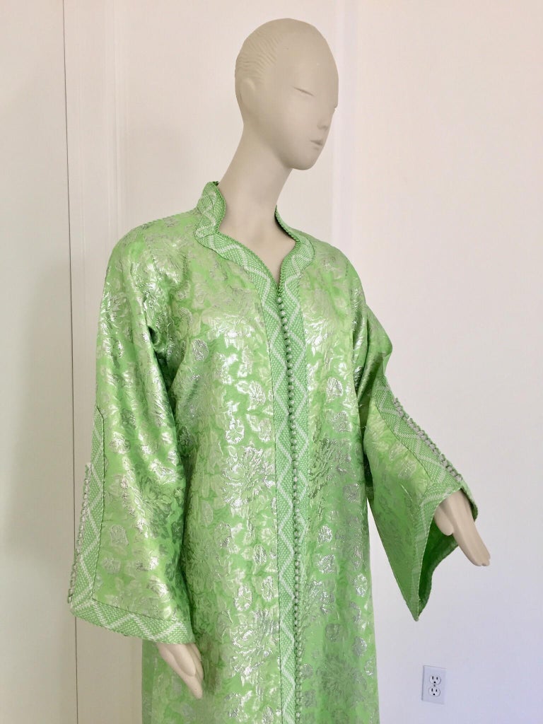 Bohemian Elegant Moroccan Caftan Lime Green and Silver Metallic Floral Brocade For Sale