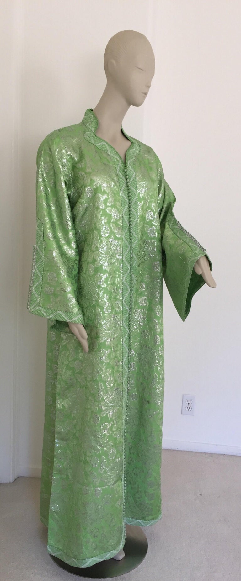Embroidered Elegant Moroccan Caftan Lime Green and Silver Metallic Floral Brocade For Sale