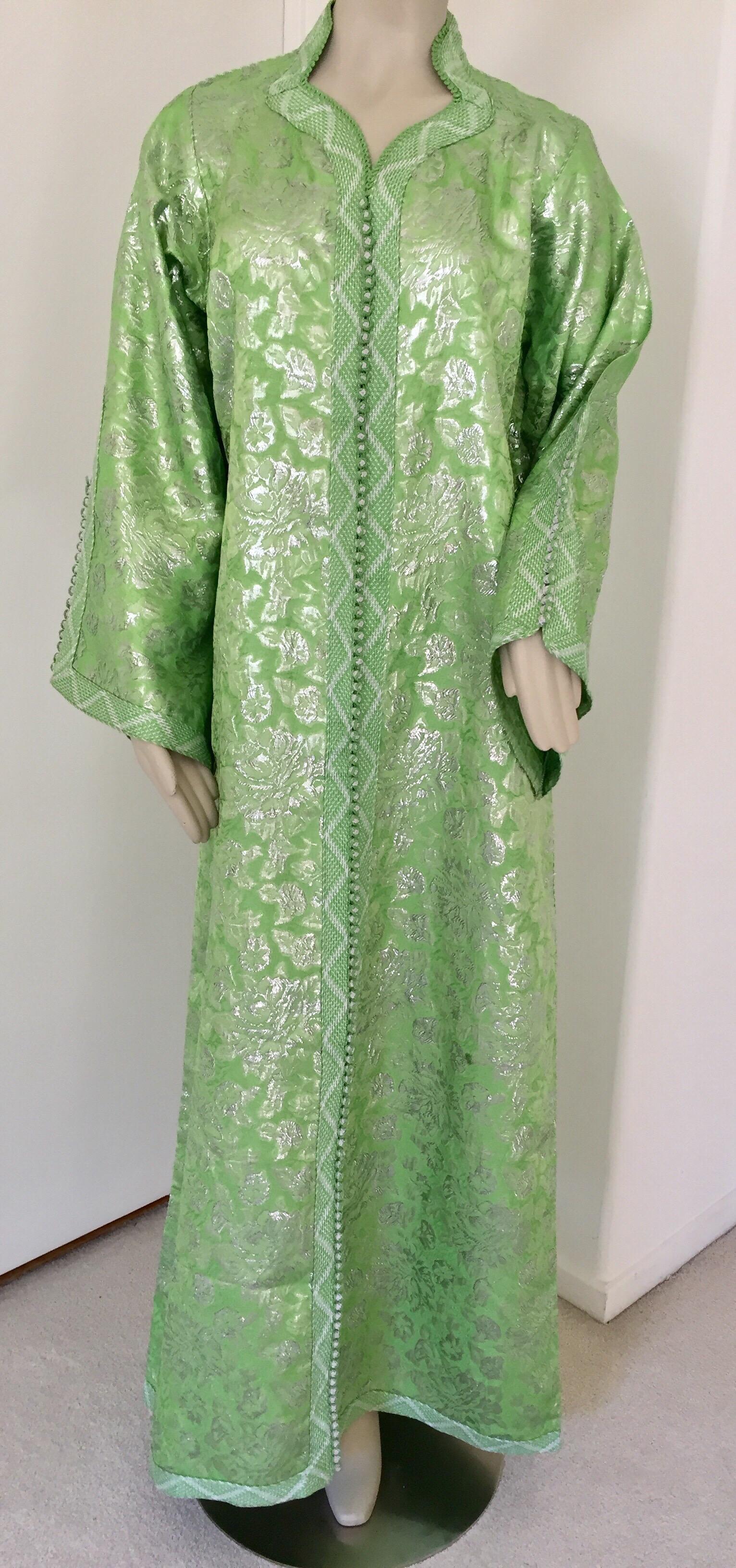 Embroidered Elegant Moroccan Caftan Lime Green and Silver Metallic Floral Brocade