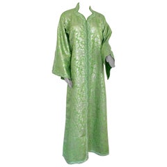Elegant Moroccan Caftan Lime Green and Silver Metallic Floral Brocade