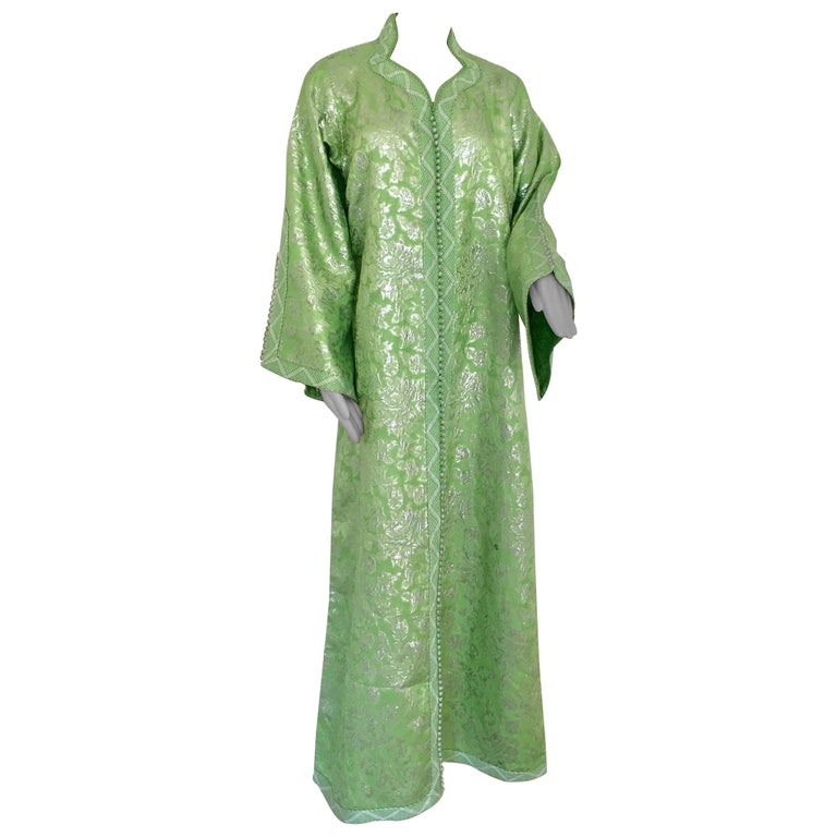 Elegant Moroccan Caftan Lime Green and Silver Metallic Floral Brocade For Sale