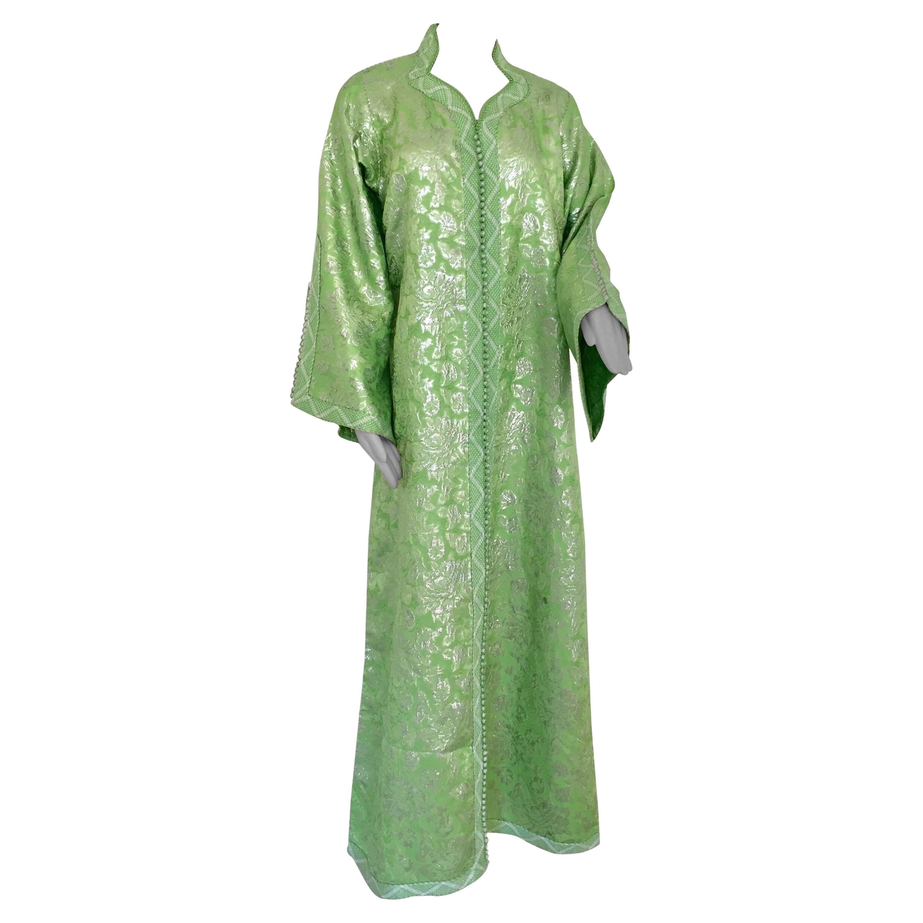 Moroccan Caftan Lime Green and Silver Metallic Floral Brocade