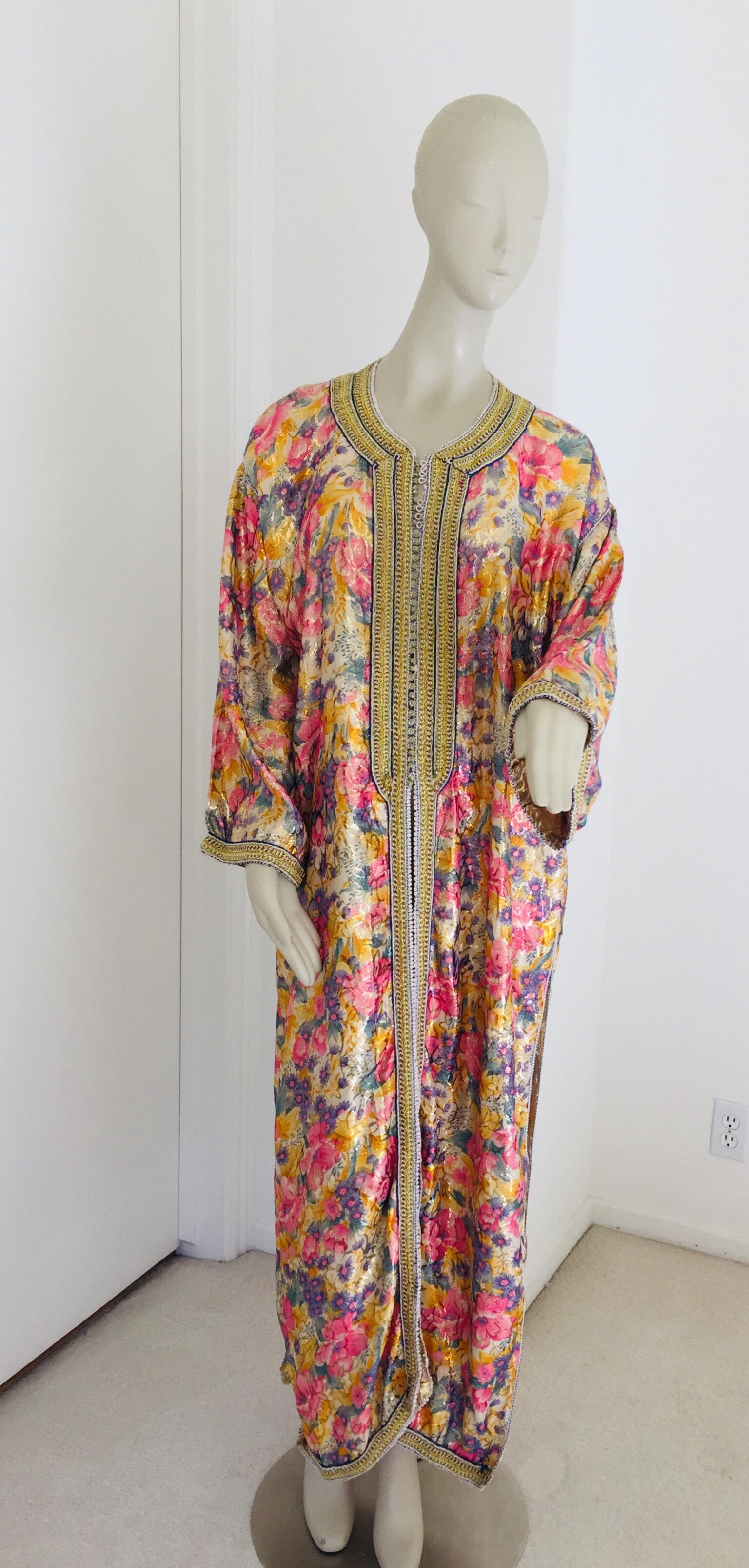 Bohemian Vintage Moroccan Caftan Metallic Floral Silk Brocade For Sale