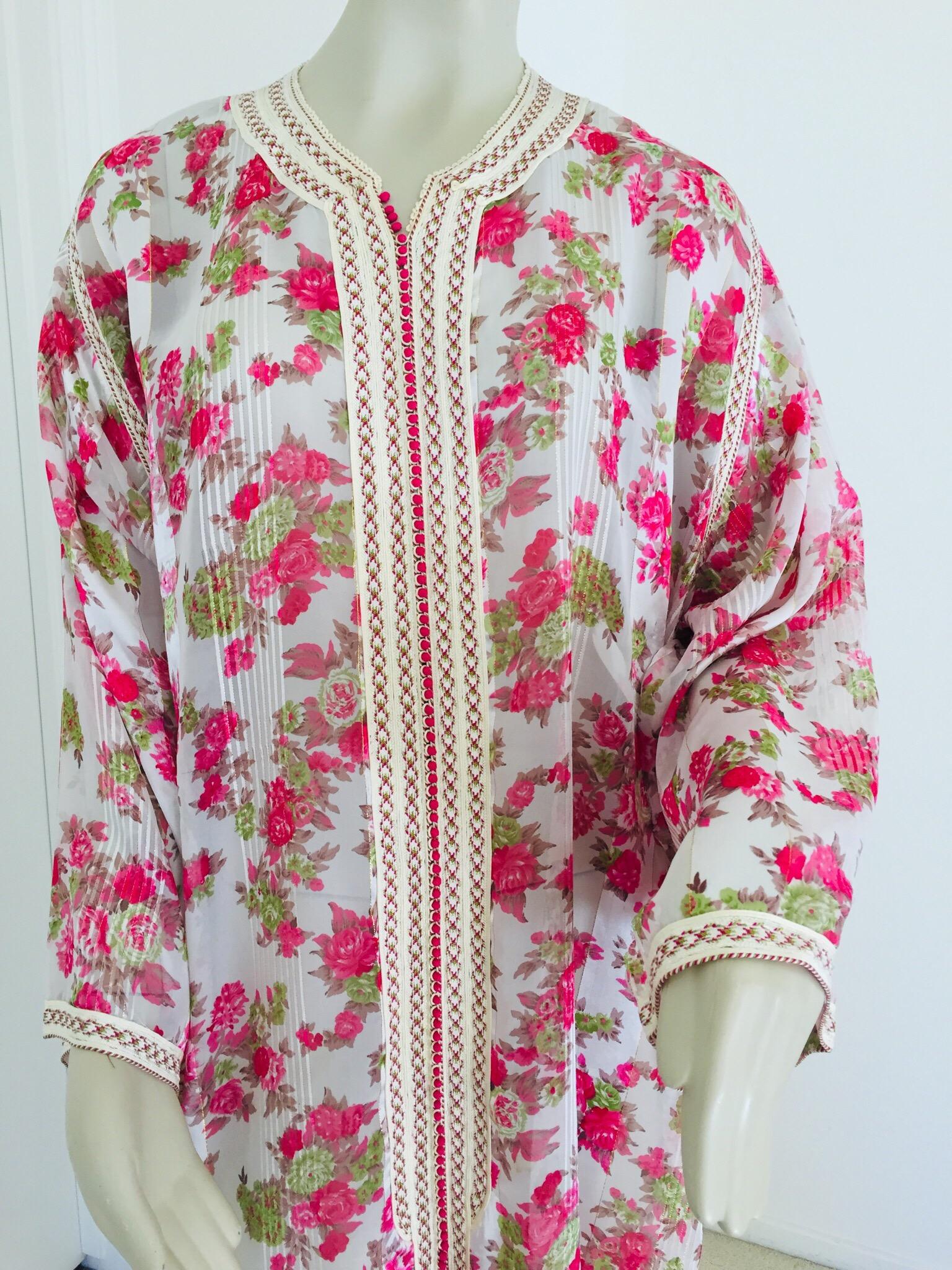 Bohemian 1970 Moroccan Caftan Metallic Pink Floral Silk Kaftan For Sale