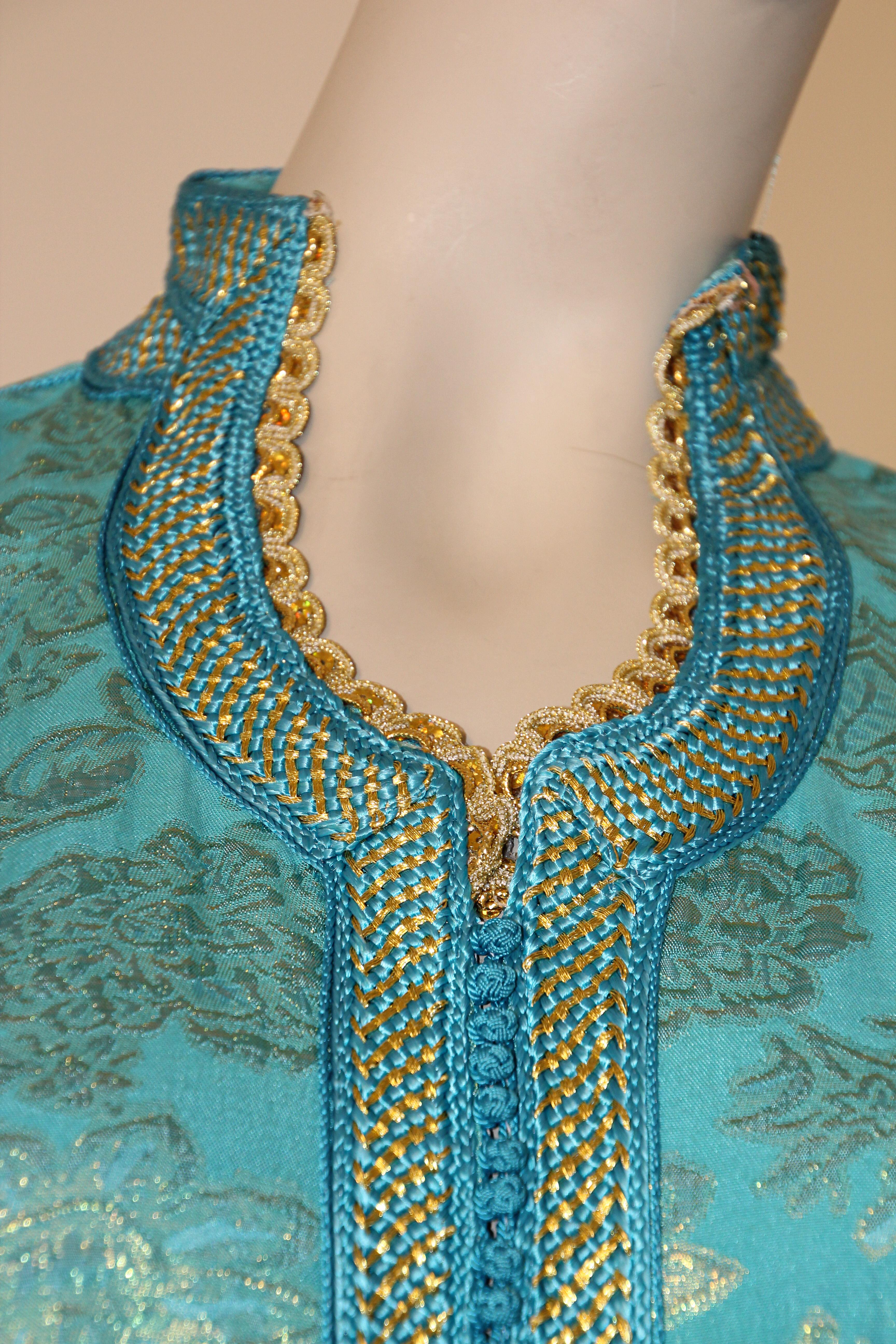 Elegant Moroccan Caftan Turquoise Metallic Floral Brocade 5