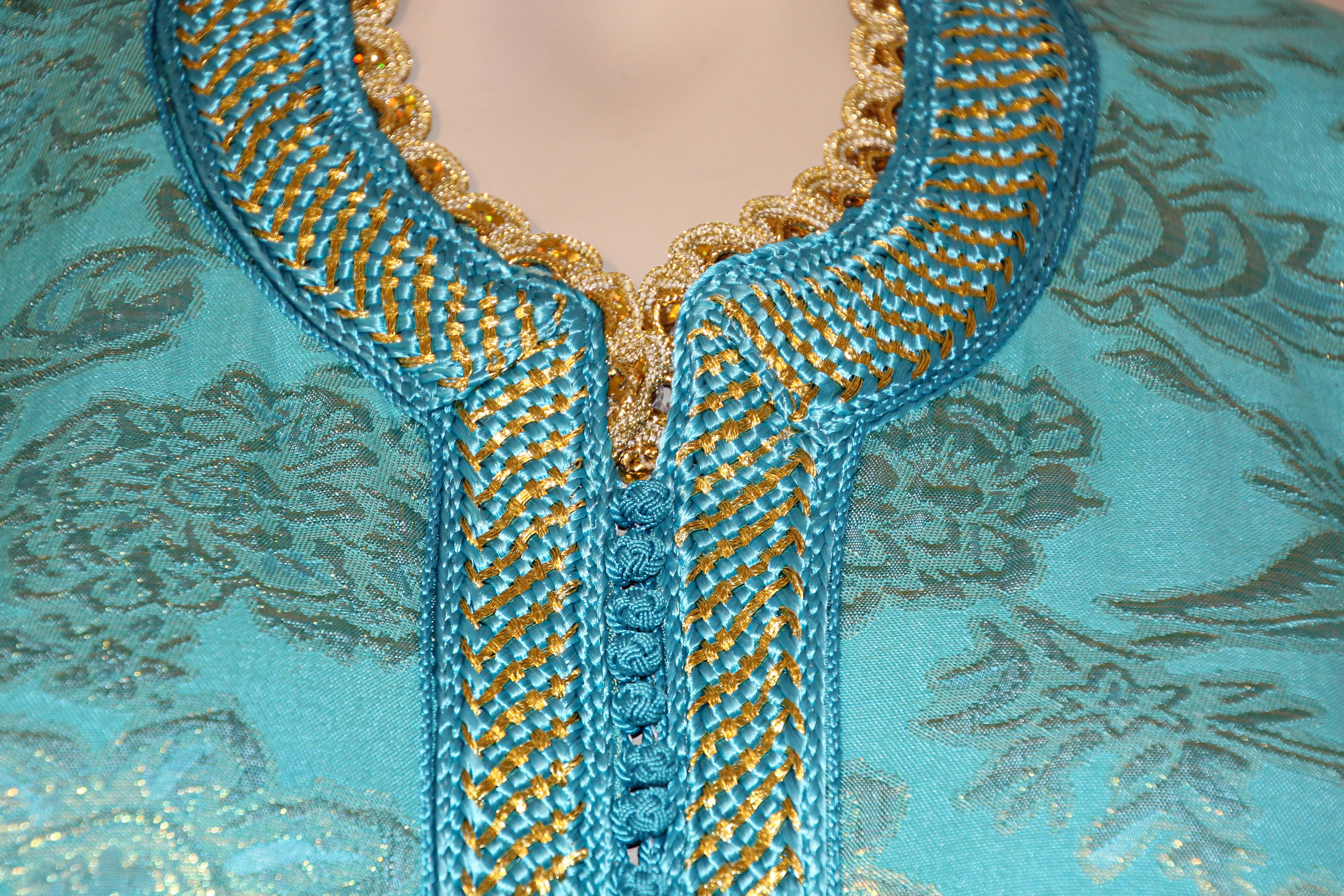 Elegant Moroccan Caftan Turquoise Metallic Floral Brocade 6