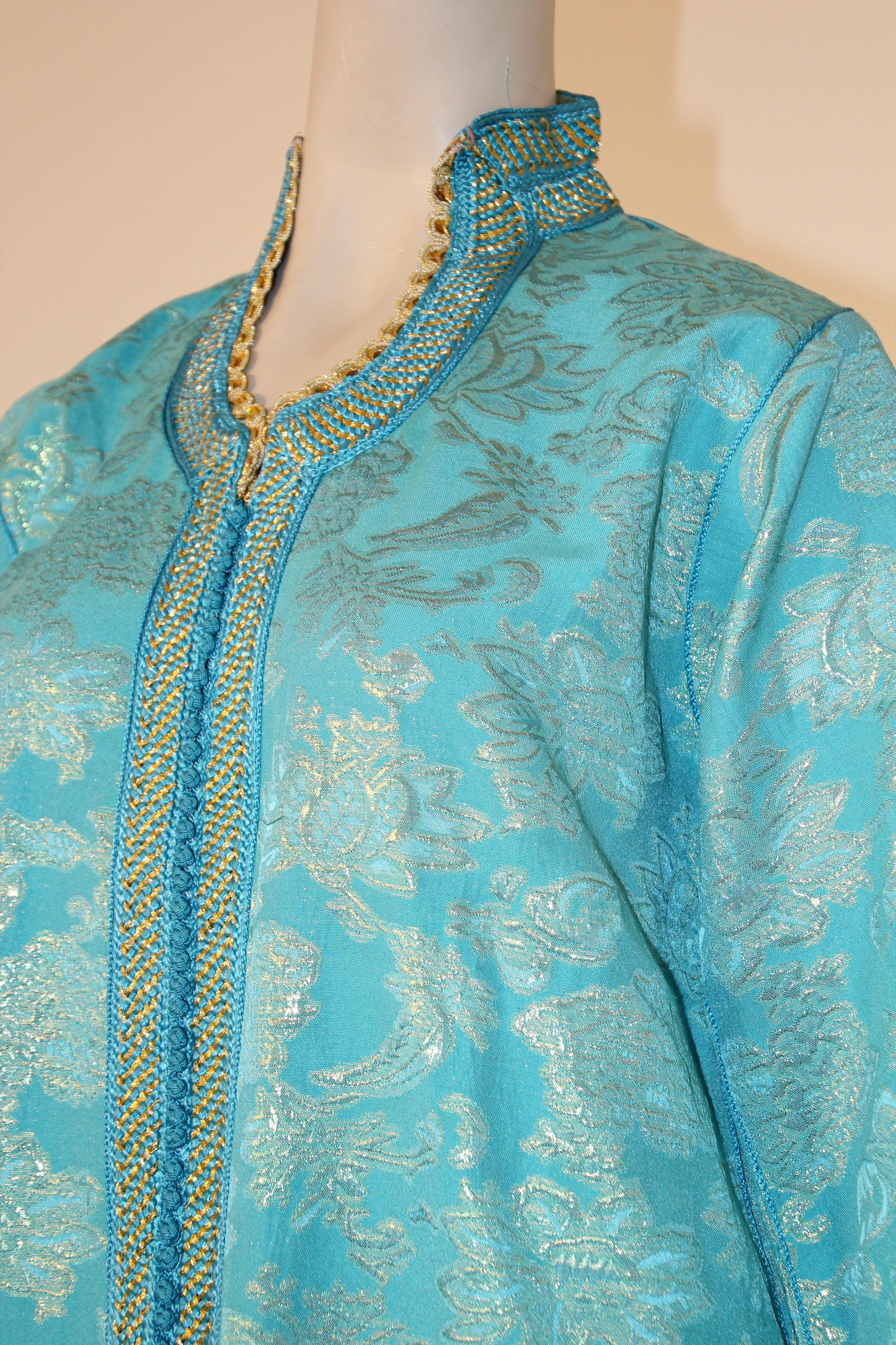 Elegant Moroccan Caftan Turquoise Metallic Floral Brocade 8