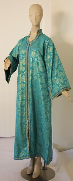 Elegant Moroccan Caftan Turquoise Metallic Floral Brocade