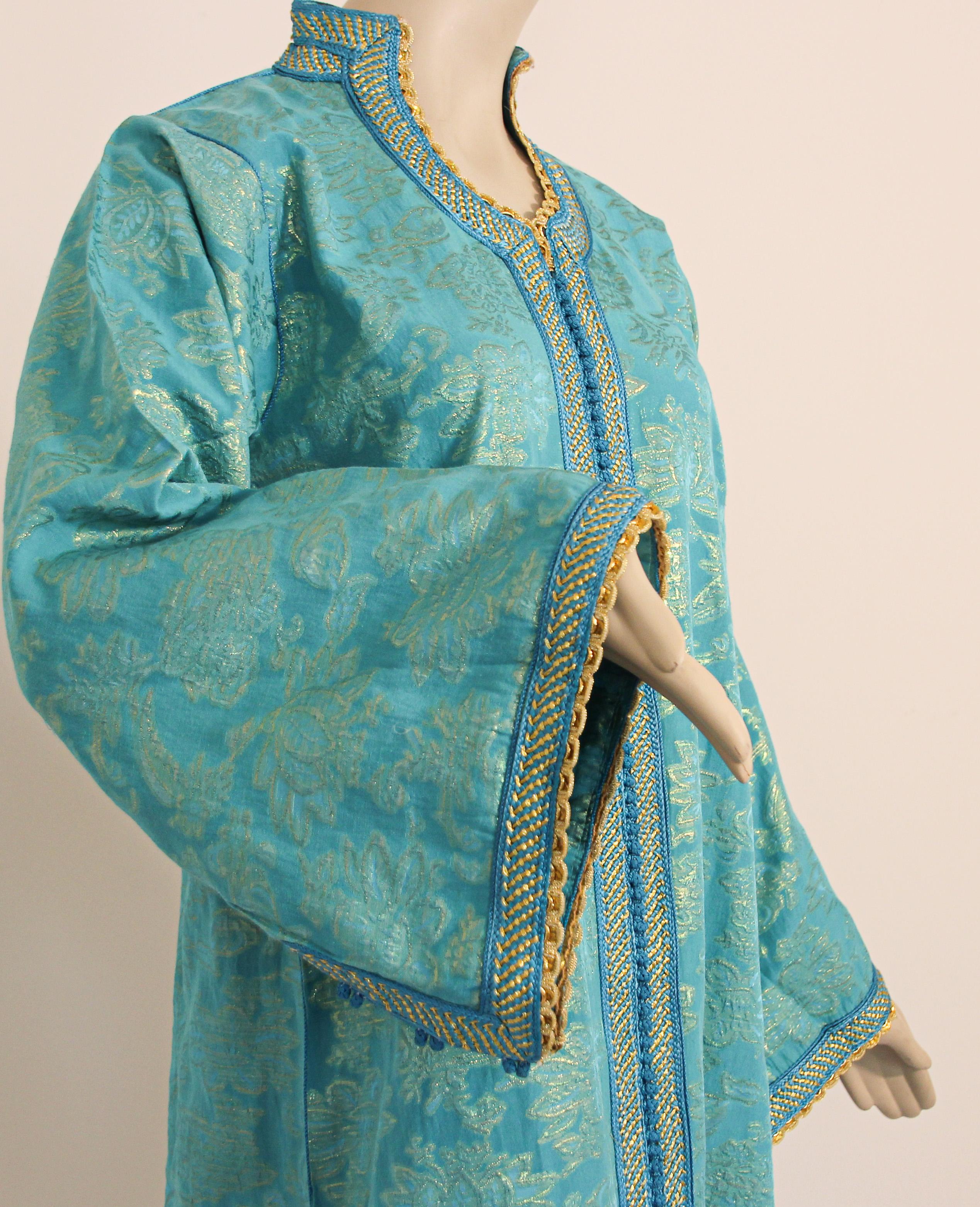 Embroidered Elegant Moroccan Caftan Turquoise Metallic Floral Brocade