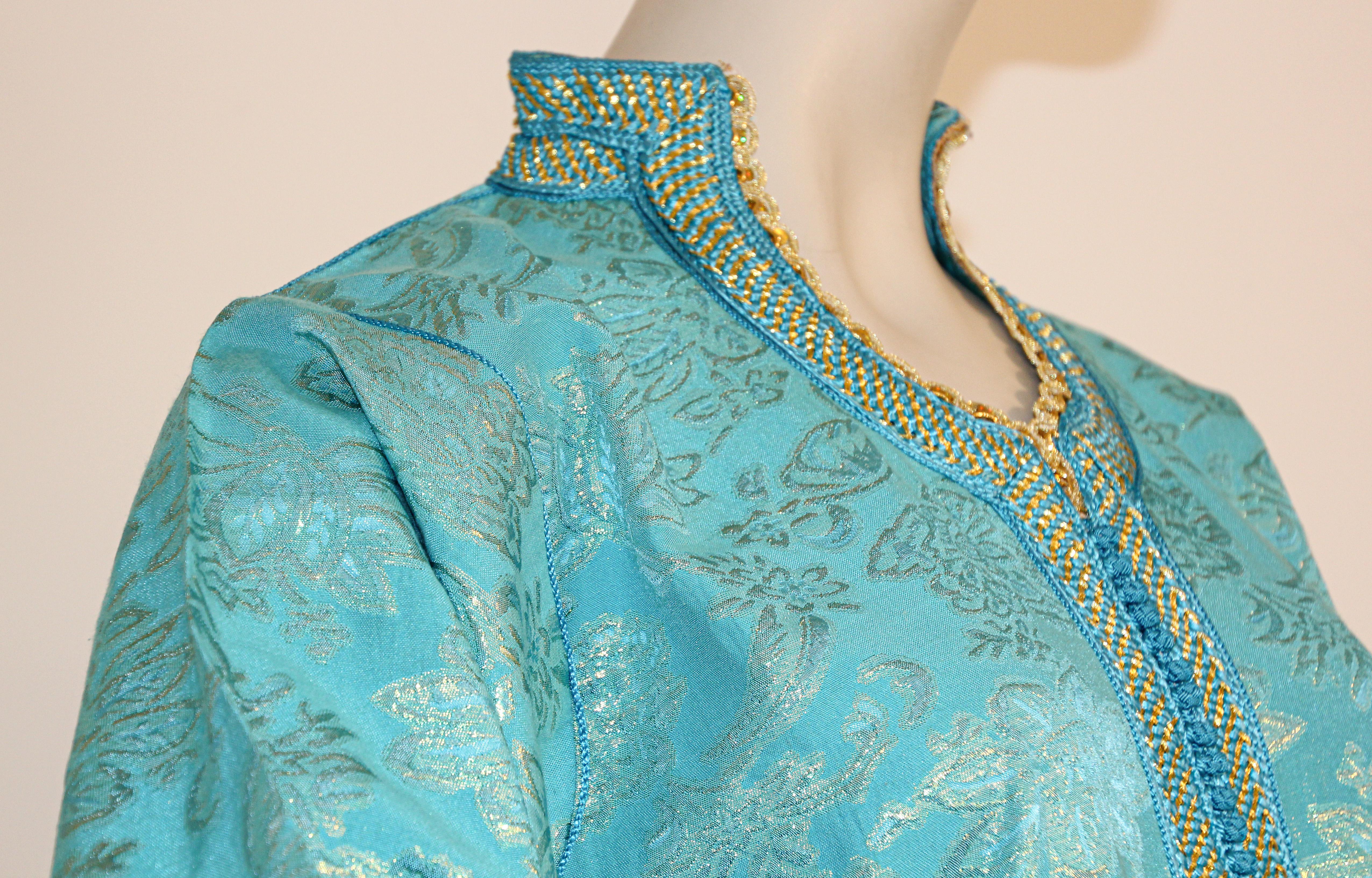 Fabric Elegant Moroccan Caftan Turquoise Metallic Floral Brocade