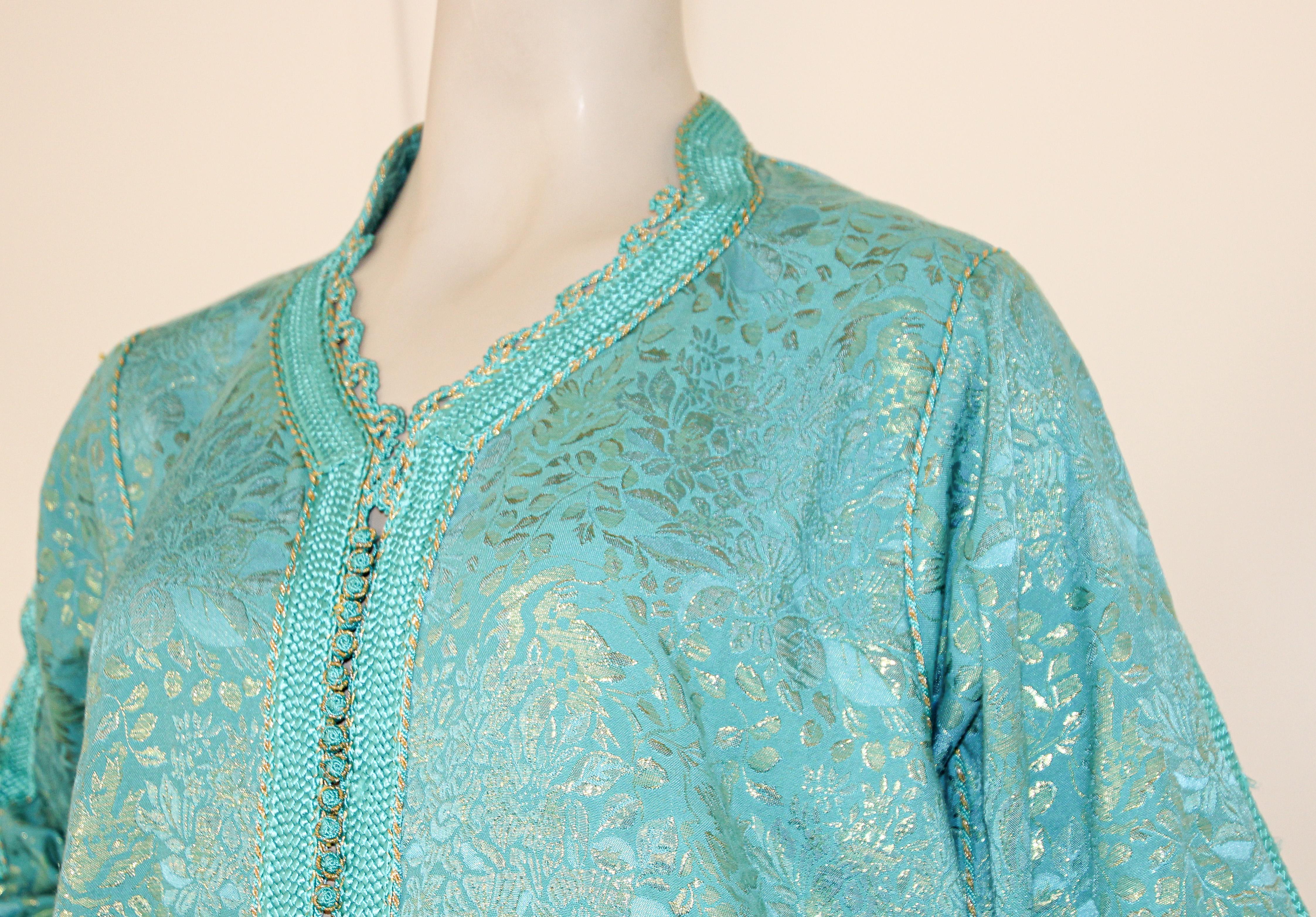 Vintage Moroccan Caftan with Metallic Blue Silk Brocade For Sale 12