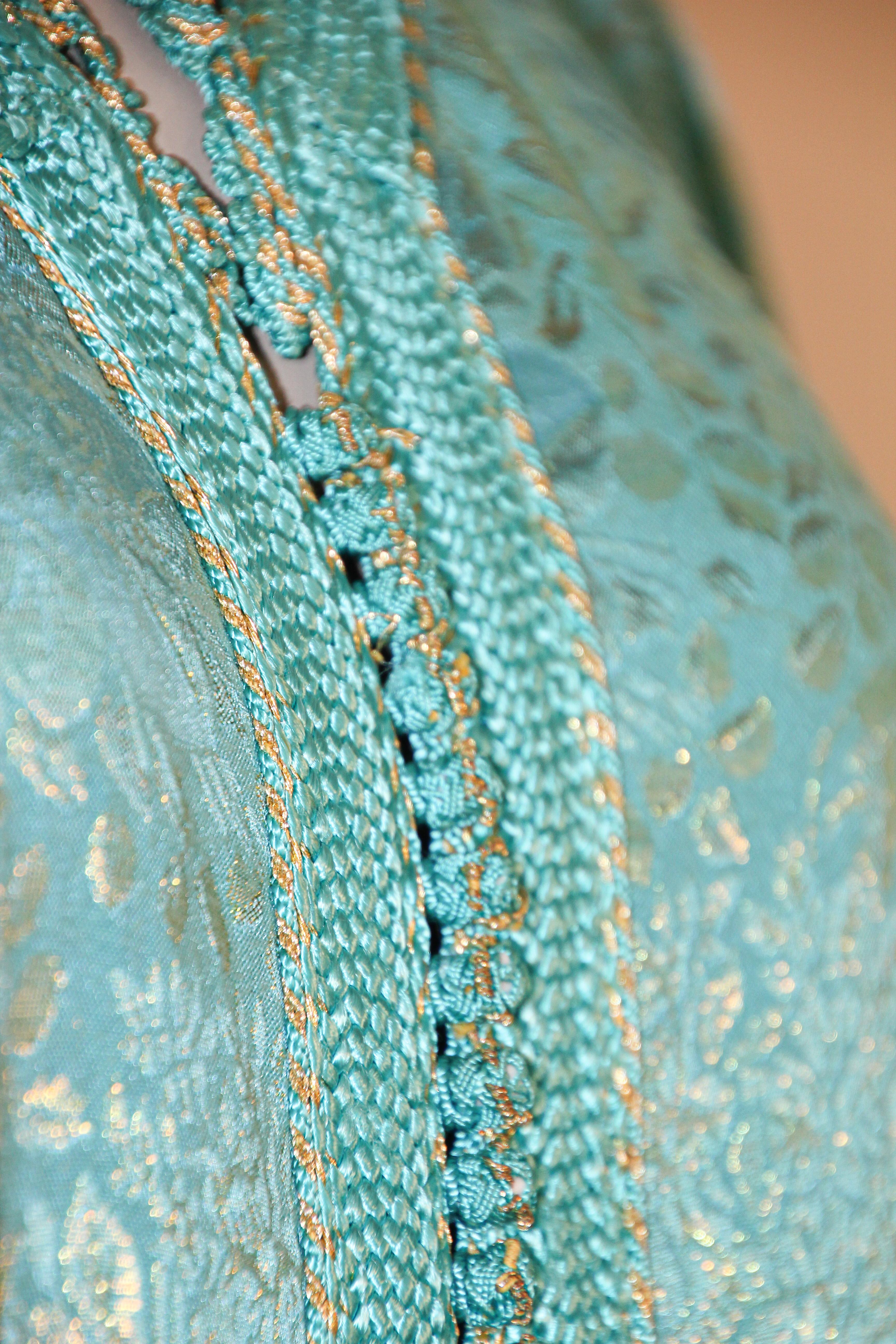 Vintage Moroccan Caftan with Metallic Blue Silk Brocade For Sale 13