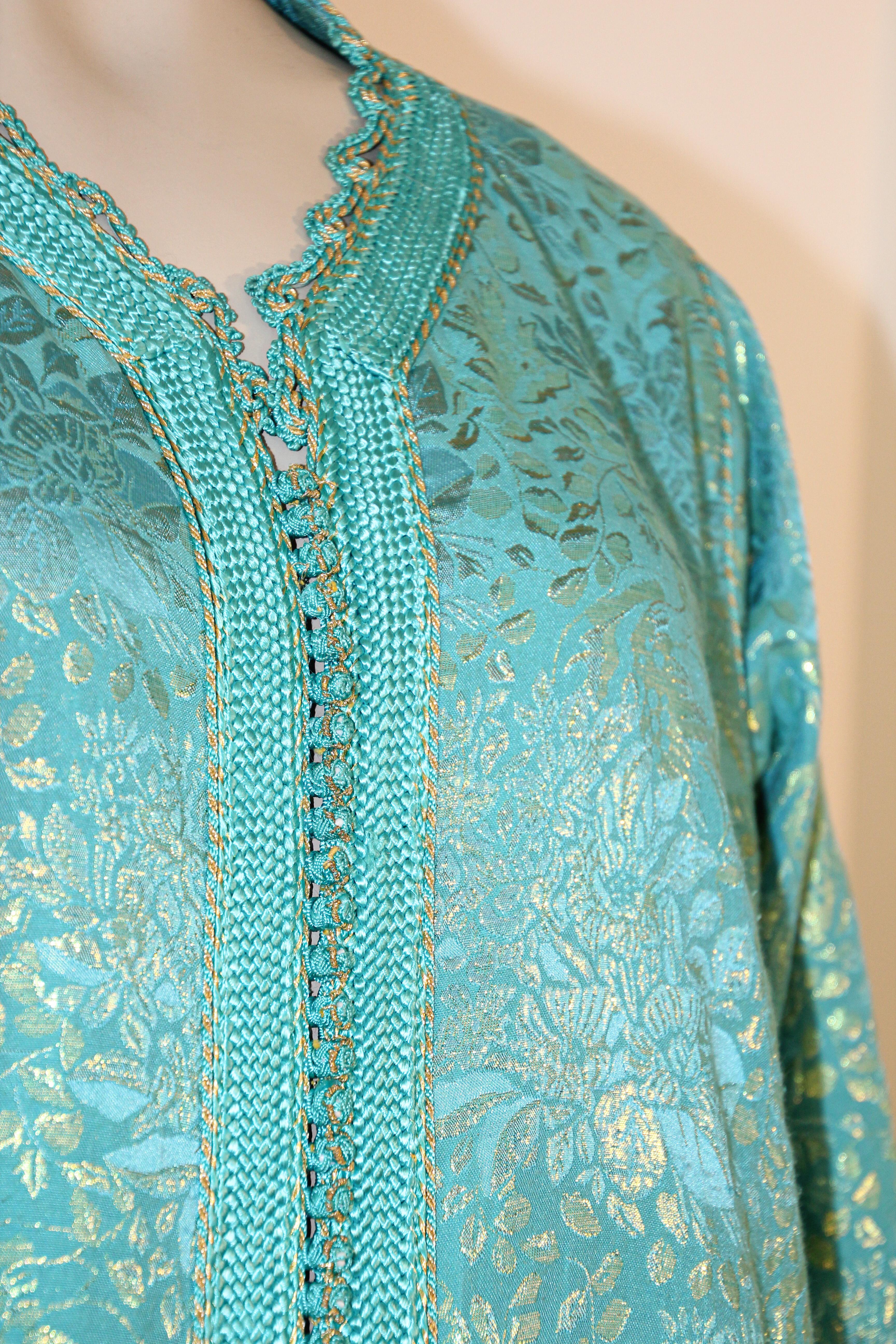 Vintage Moroccan Caftan with Metallic Blue Silk Brocade For Sale 14