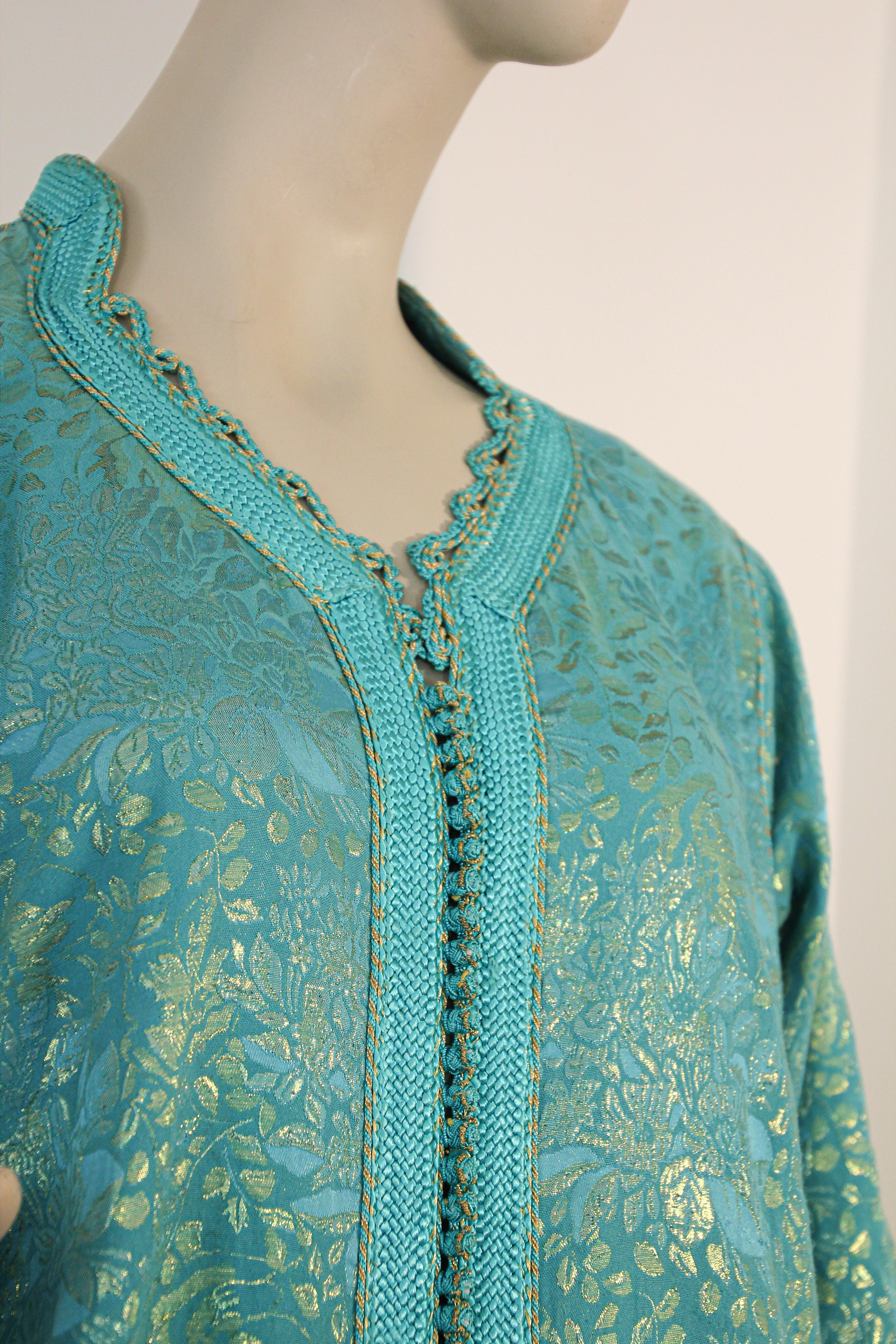 Vintage Moroccan Caftan with Metallic Blue Silk Brocade For Sale 15