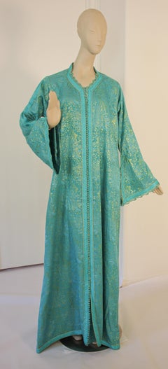 Elegant Moroccan Caftan with Metallic Blue Silk Brocade