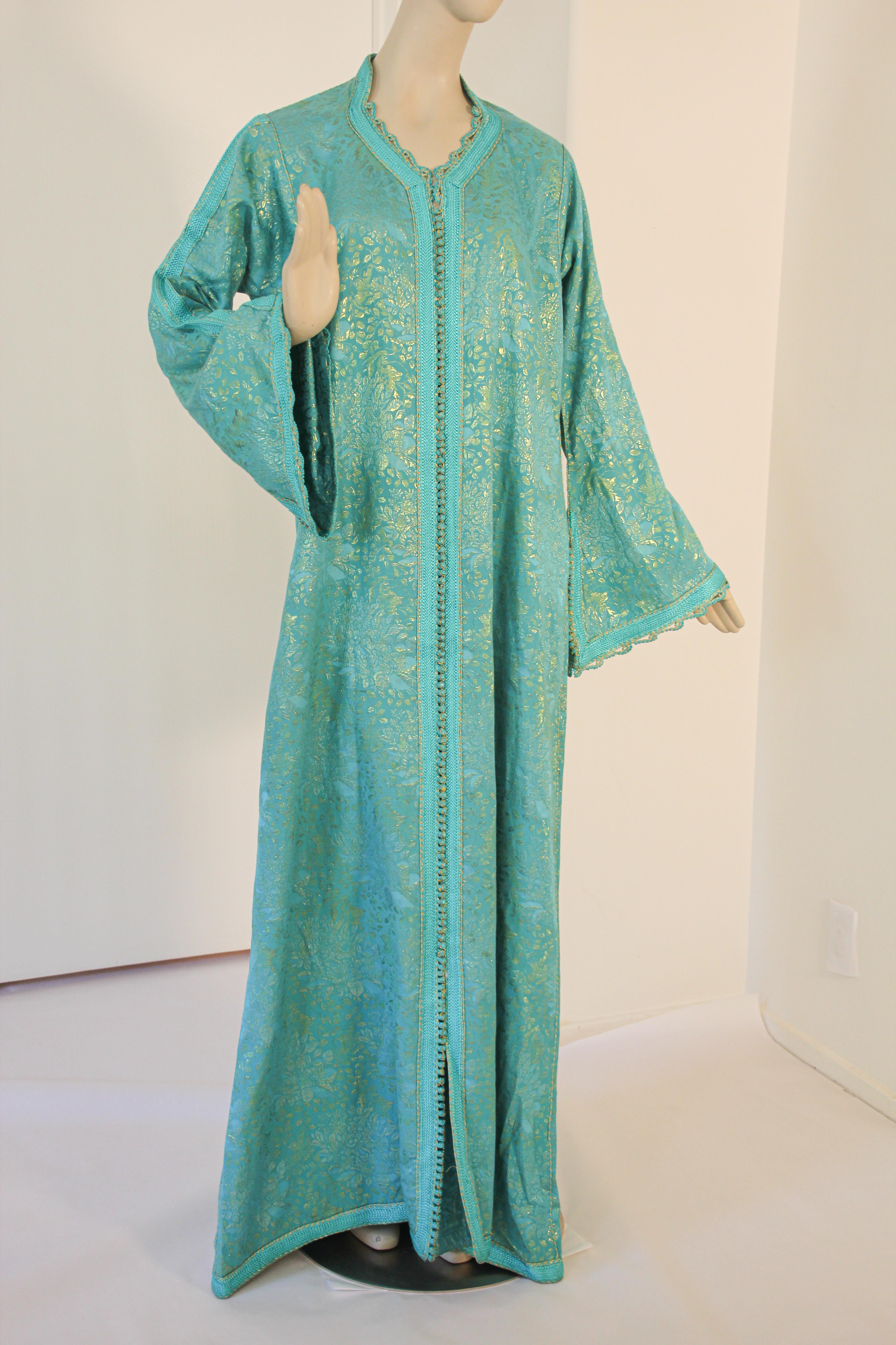 Bohemian Elegant Moroccan Caftan with Metallic Blue Silk Brocade