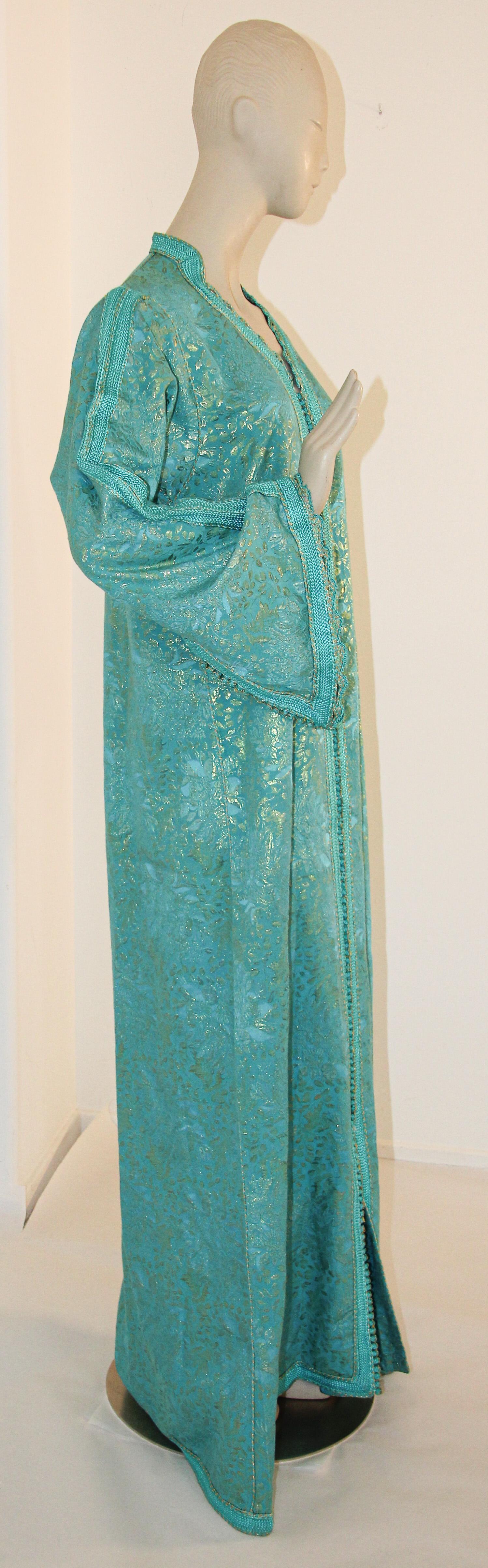 Women's Vintage Moroccan Caftan with Metallic Blue Silk Brocade For Sale