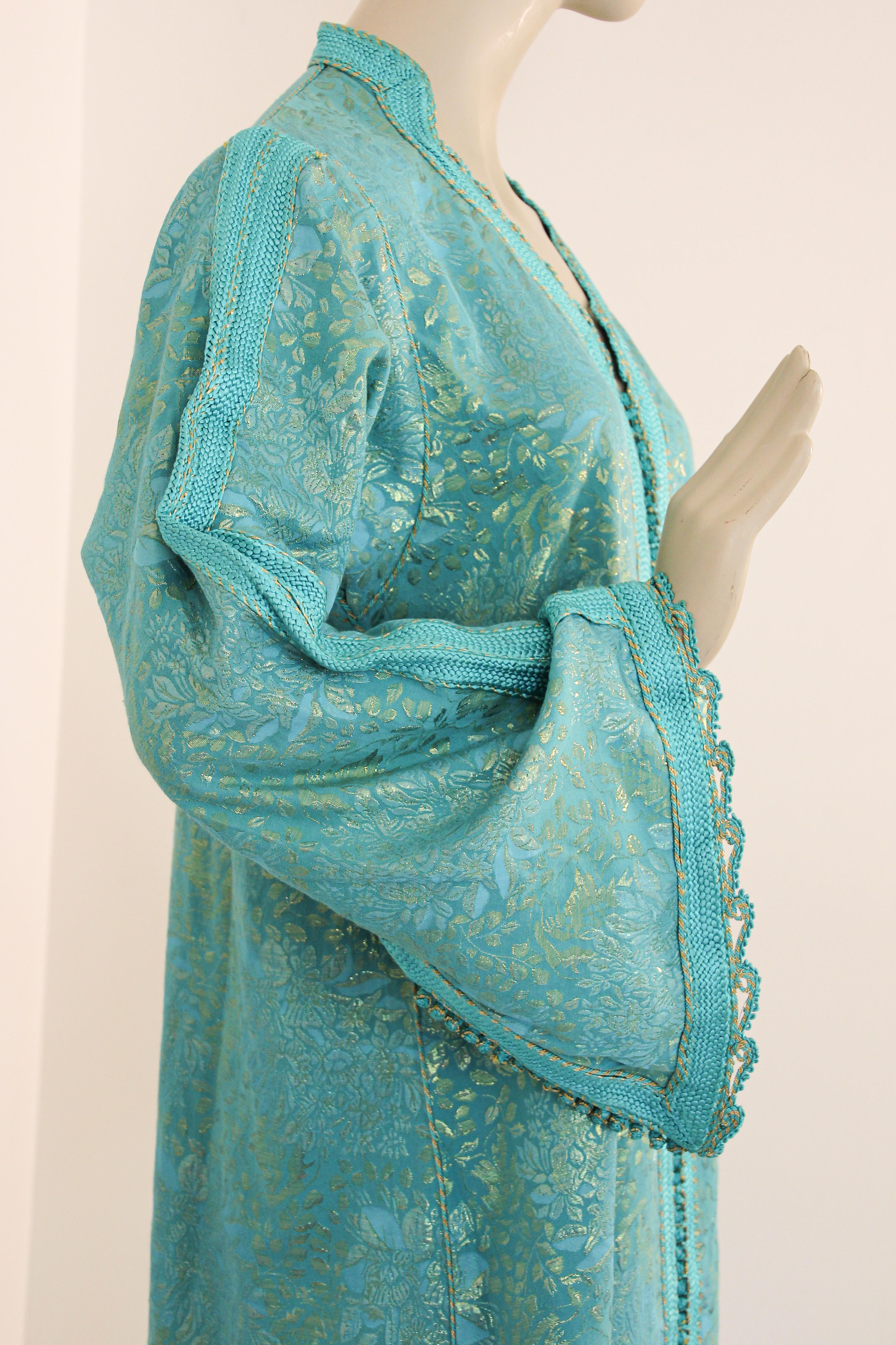 Elegant Moroccan Caftan with Metallic Blue Silk Brocade In Good Condition In North Hollywood, CA