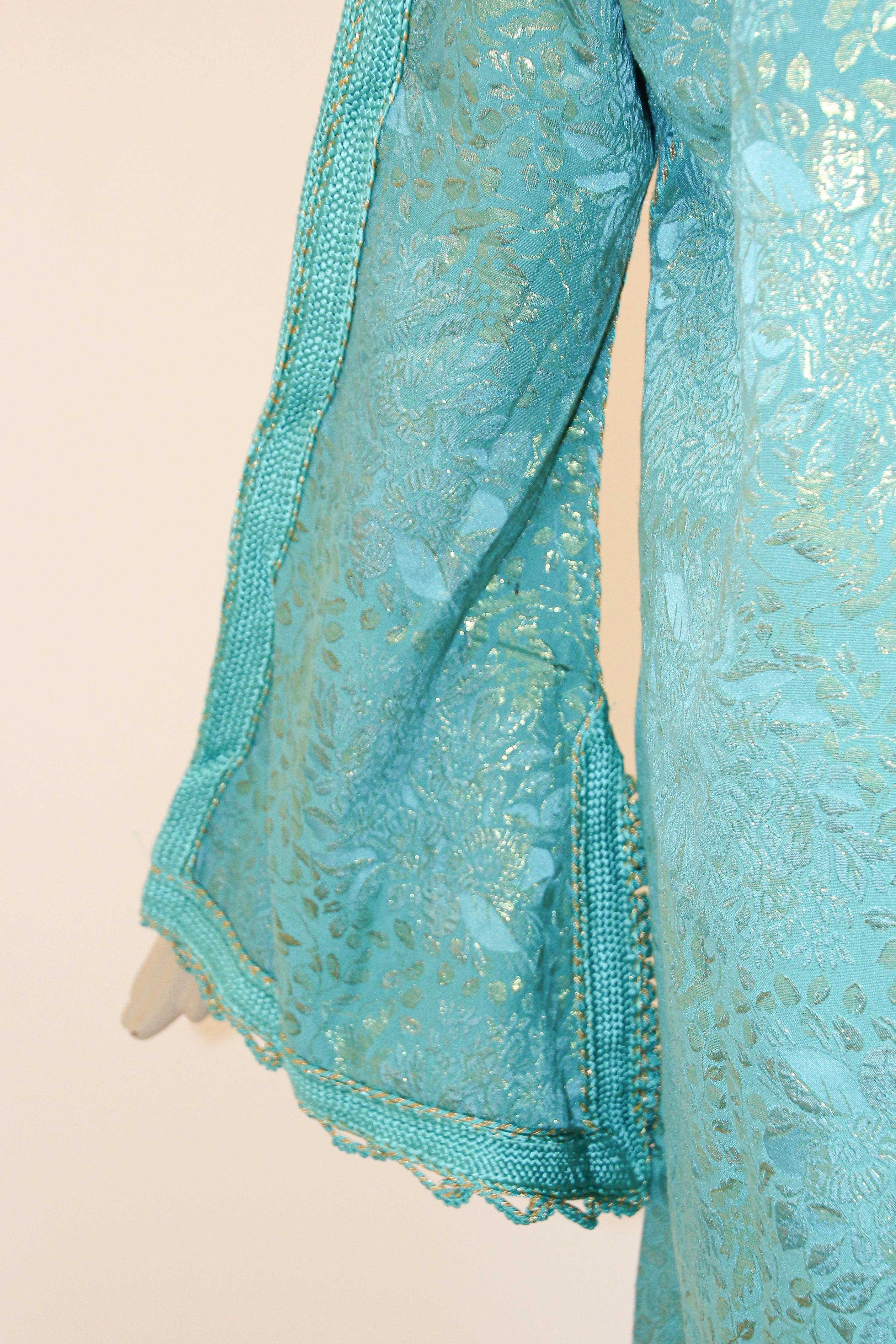 Vintage Moroccan Caftan with Metallic Blue Silk Brocade For Sale 2