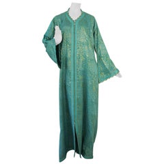 Elegant Moroccan Caftan with Metallic Blue Silk Brocade