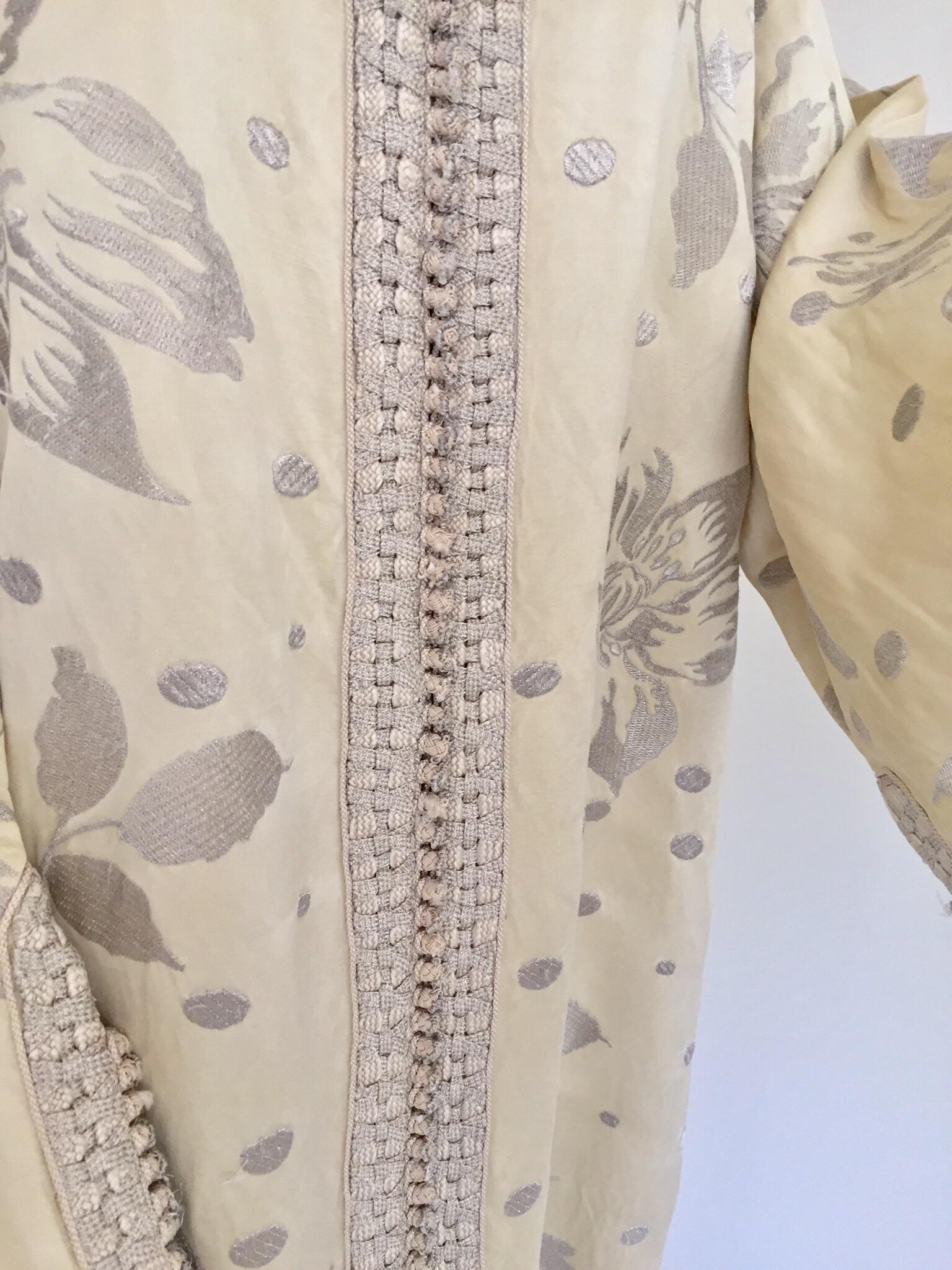 Embroidered 1960's Vintage Moroccan Caftan with Silver Metallic Floral Silk Brocade For Sale