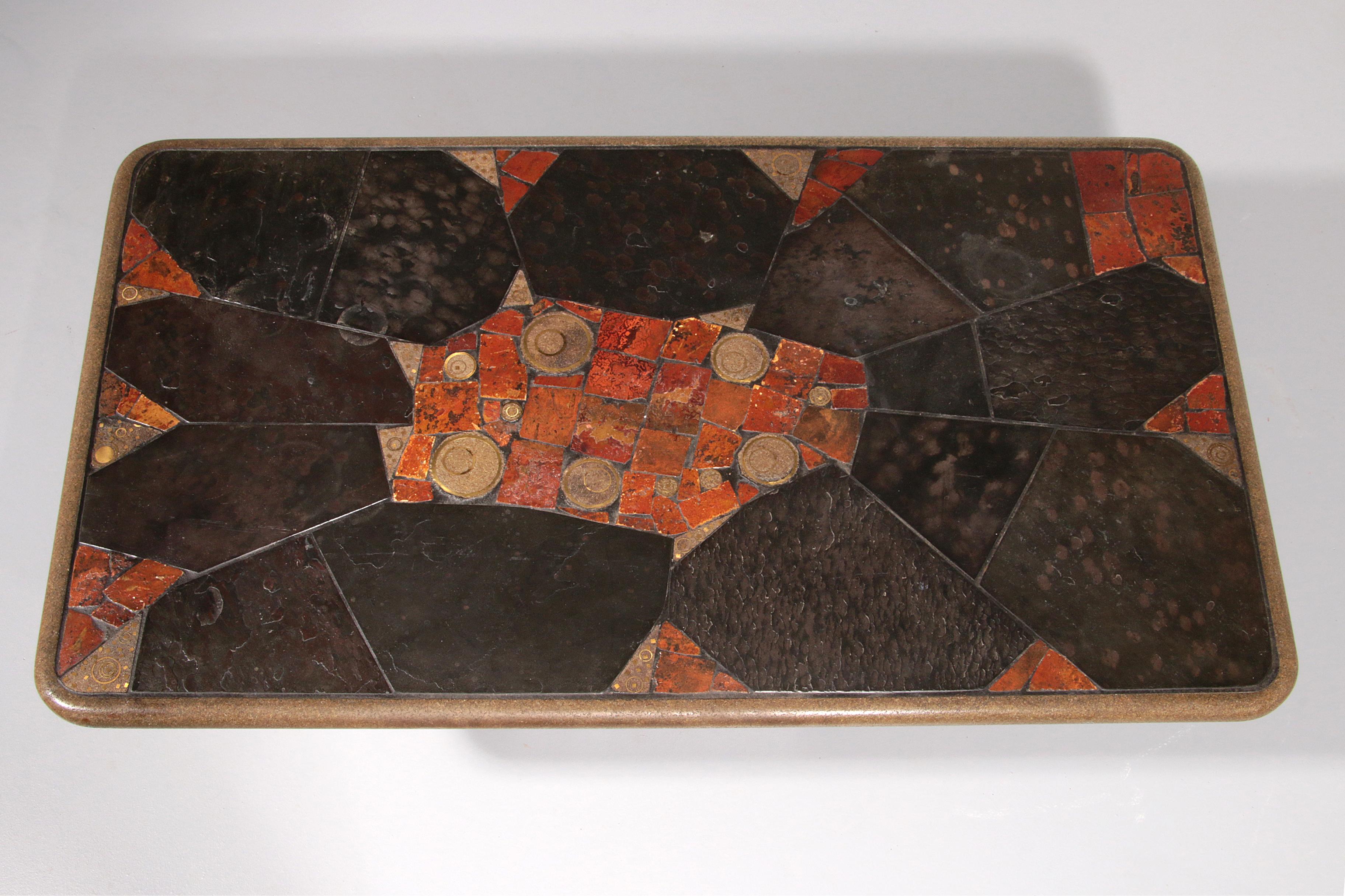 Elegant Mosaic Stone Coffee Table in the Style of Paul Kingma – Brass & Natural For Sale 5