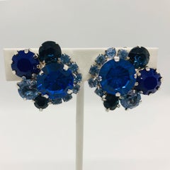 Elegant Multi blue vintage Swarovki crystal cluster button earrings