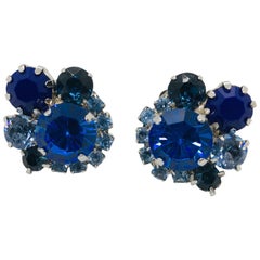 Elegant Multi blue vintage Swarovki crystal cluster button earrings