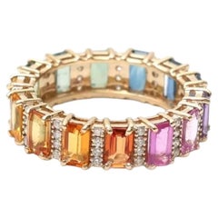 4.15ct Multi-Color Sapphire & Diamond 14K Yellow Gold Band Ring