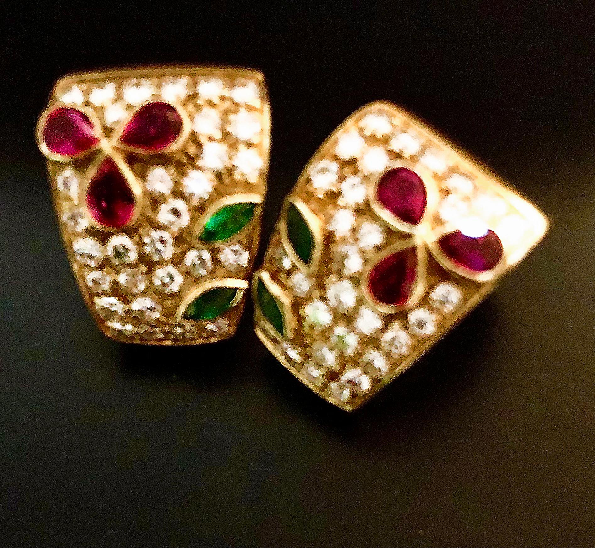 Brilliant Cut Elegant multi gem ear clips, w/ sparkling white diamonds, emeralds and rubies For Sale