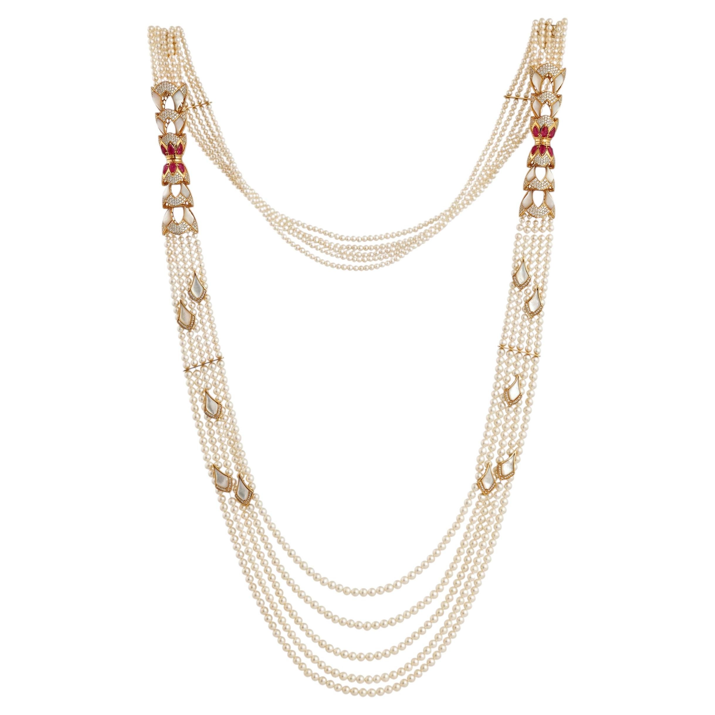 Elegant Multi-Strand Pearl Necklace, 18K Gold, Diamonds & Rubies, 2026