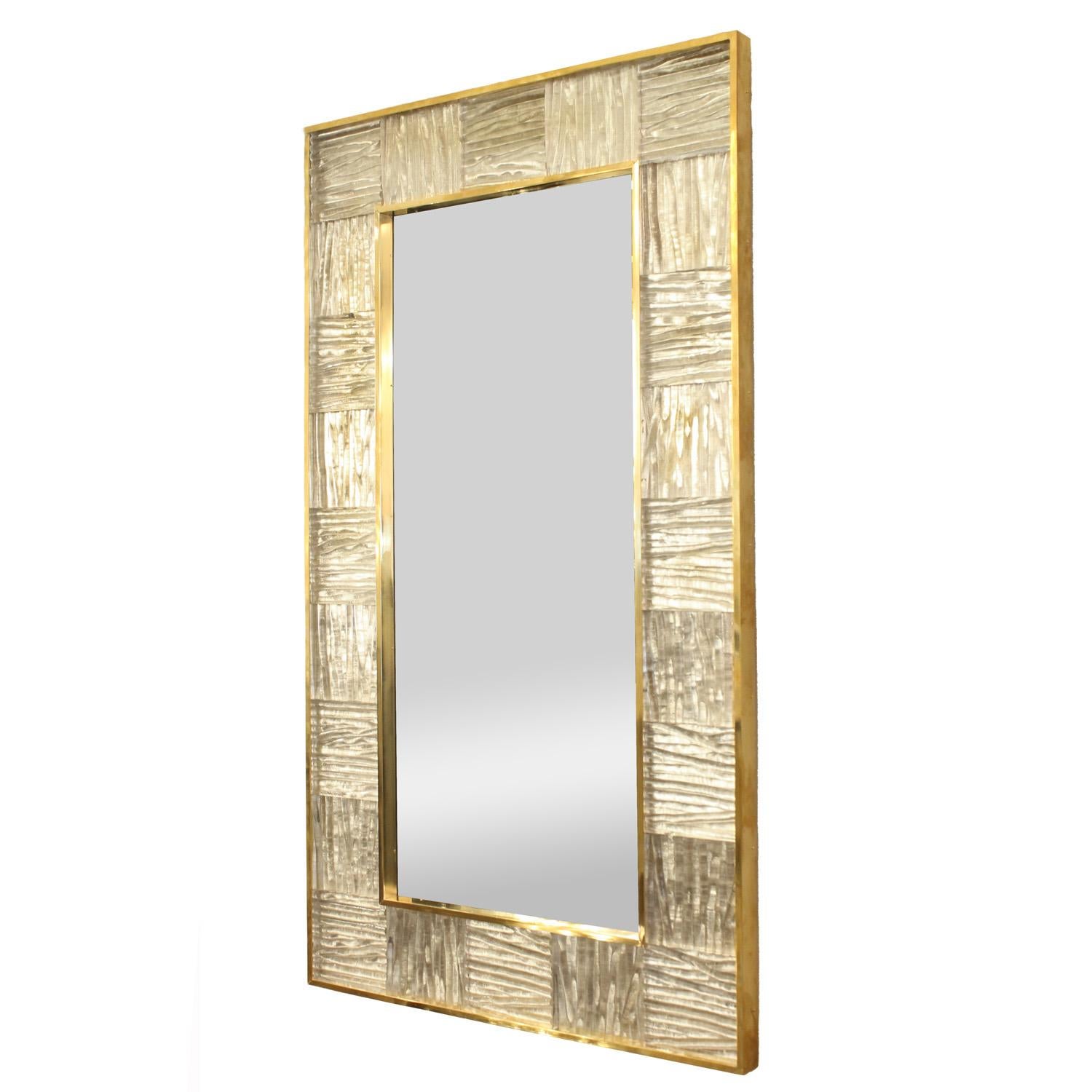 Hand crafted Murano glass square tile and brass framed mirror. Italy.

This mirror is currently available as shown in our NYC showroom.
Custom dimensions available. Art glass available in additional colors. Lead times 5-6 weeks. Please inquire with