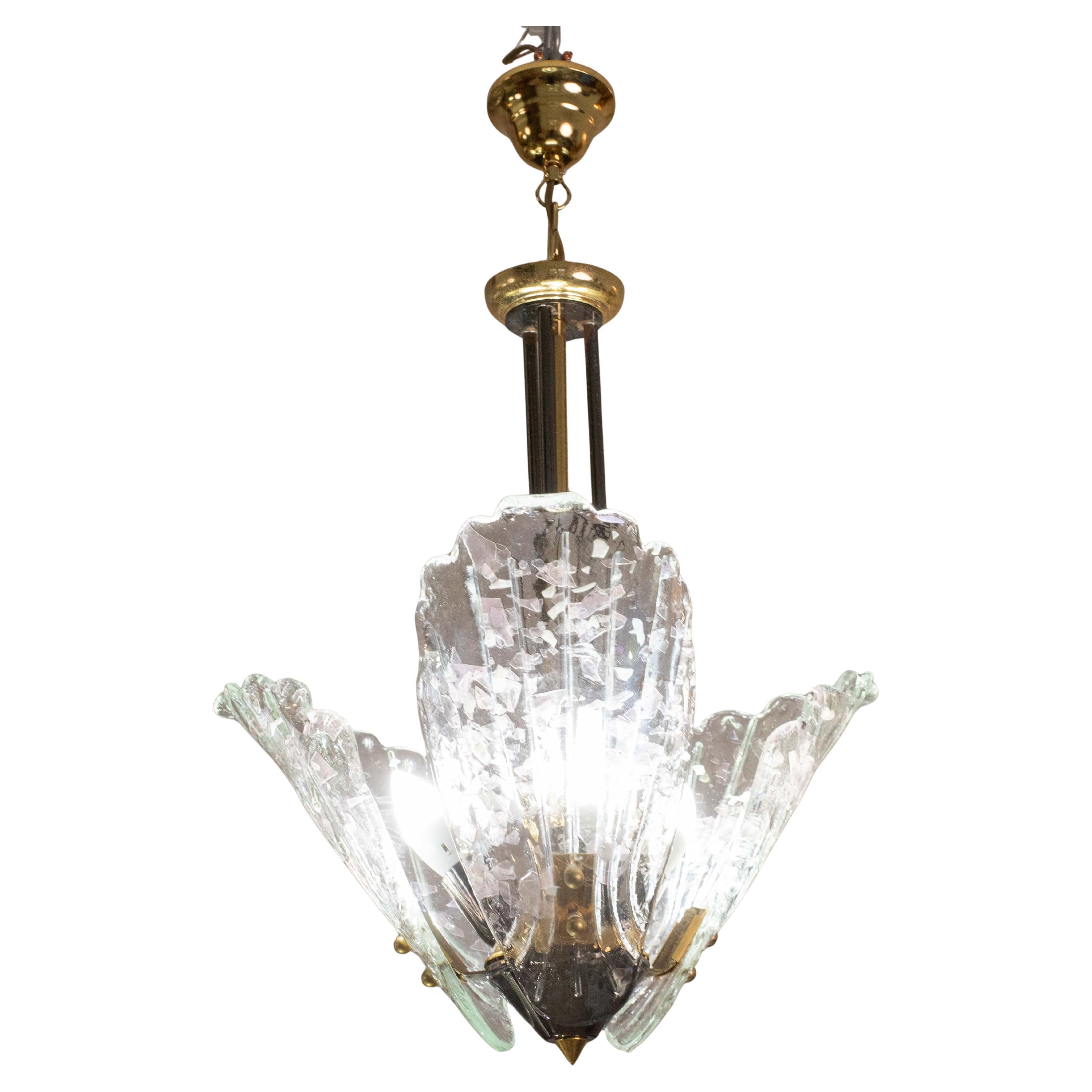Élégant lustre de Murano à 3 feuilles iridescentes en verre de Murano