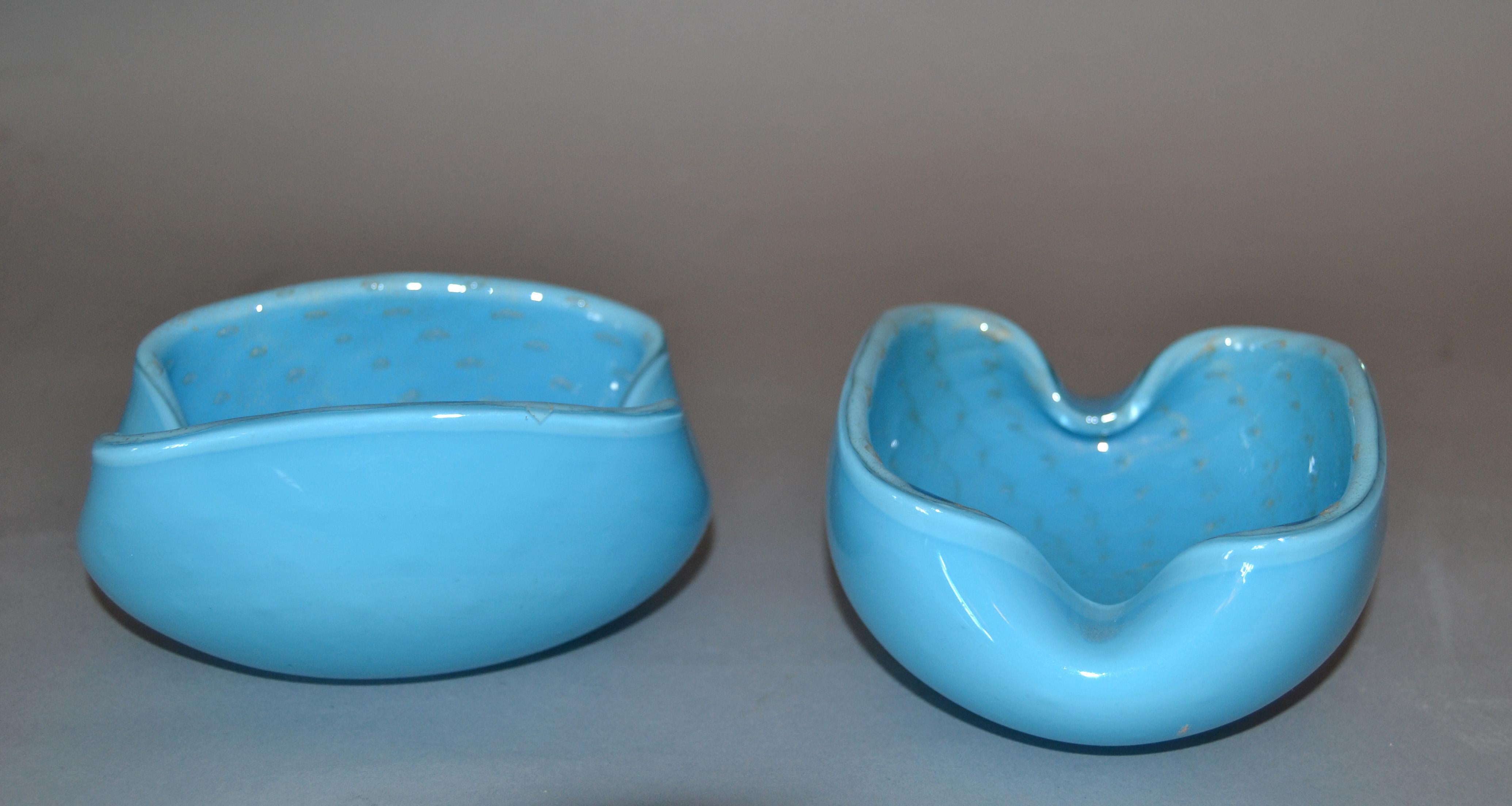 Italian Elegant Murano Glass Blue and Gold Flecks Bowls or Catchalls, a Pair