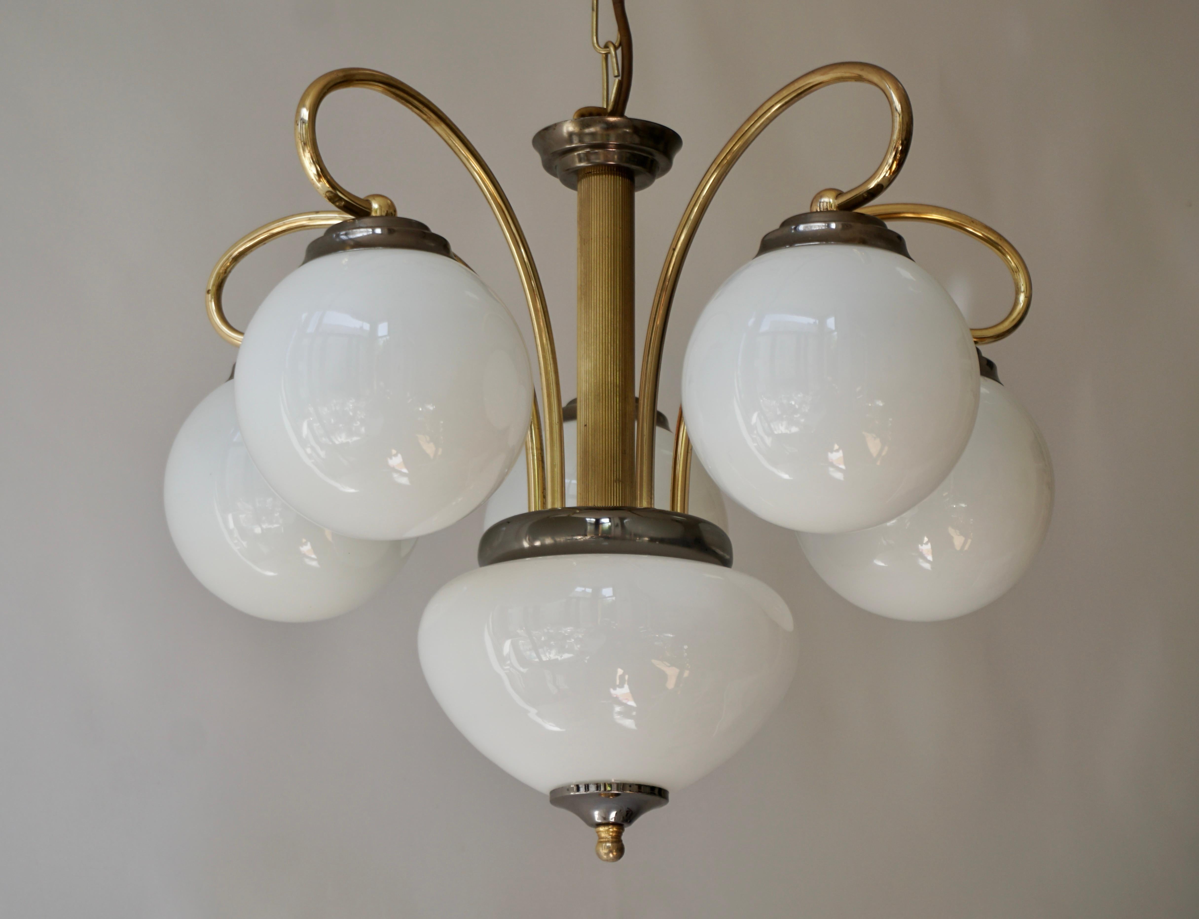 Elegant Murano Opaline Glass and Brass Chandelier, 1970s, Italy For Sale 5