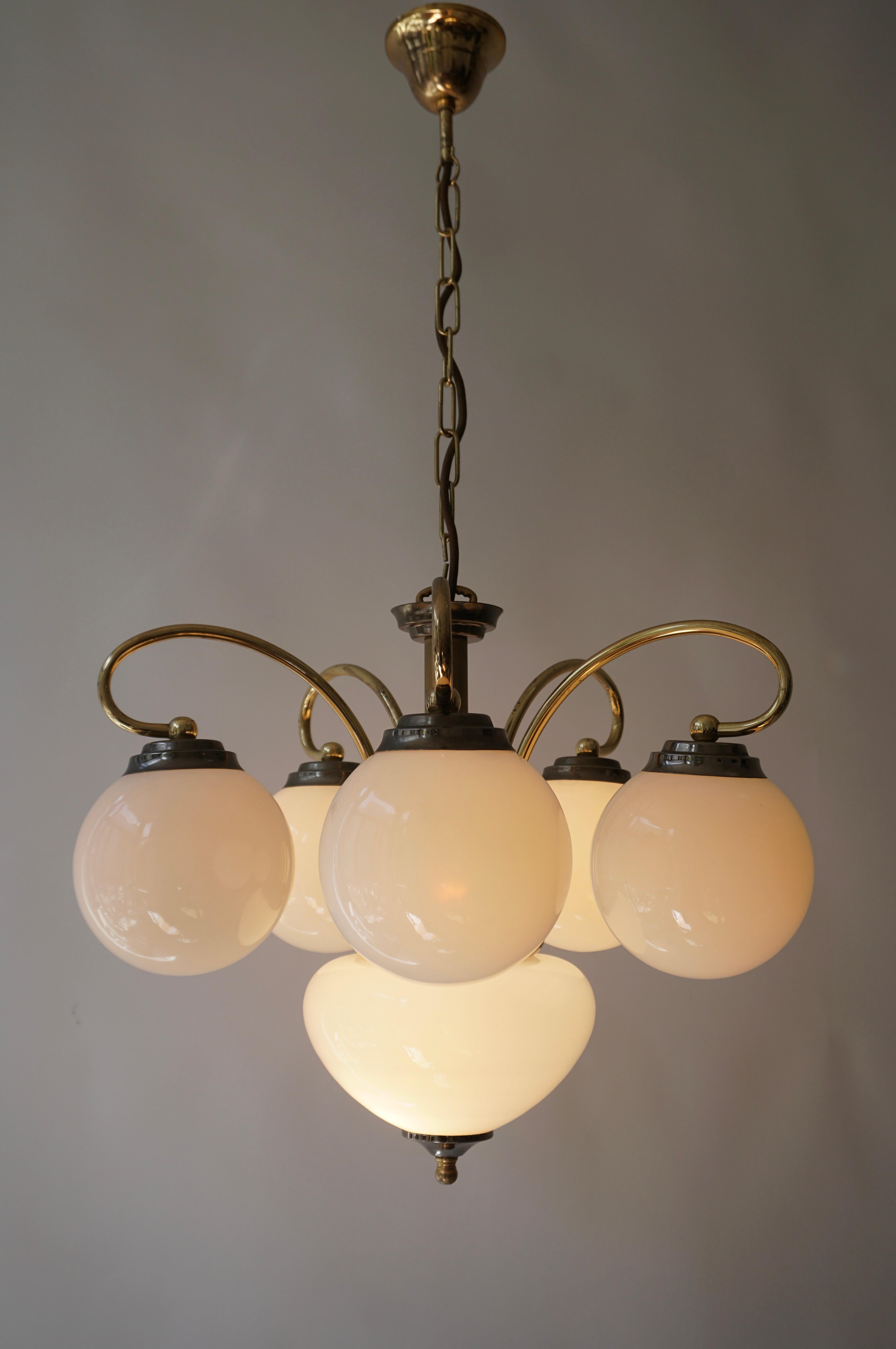 20th Century Elegant Murano Opaline Glass and Brass Chandelier, 1970s, Italy For Sale