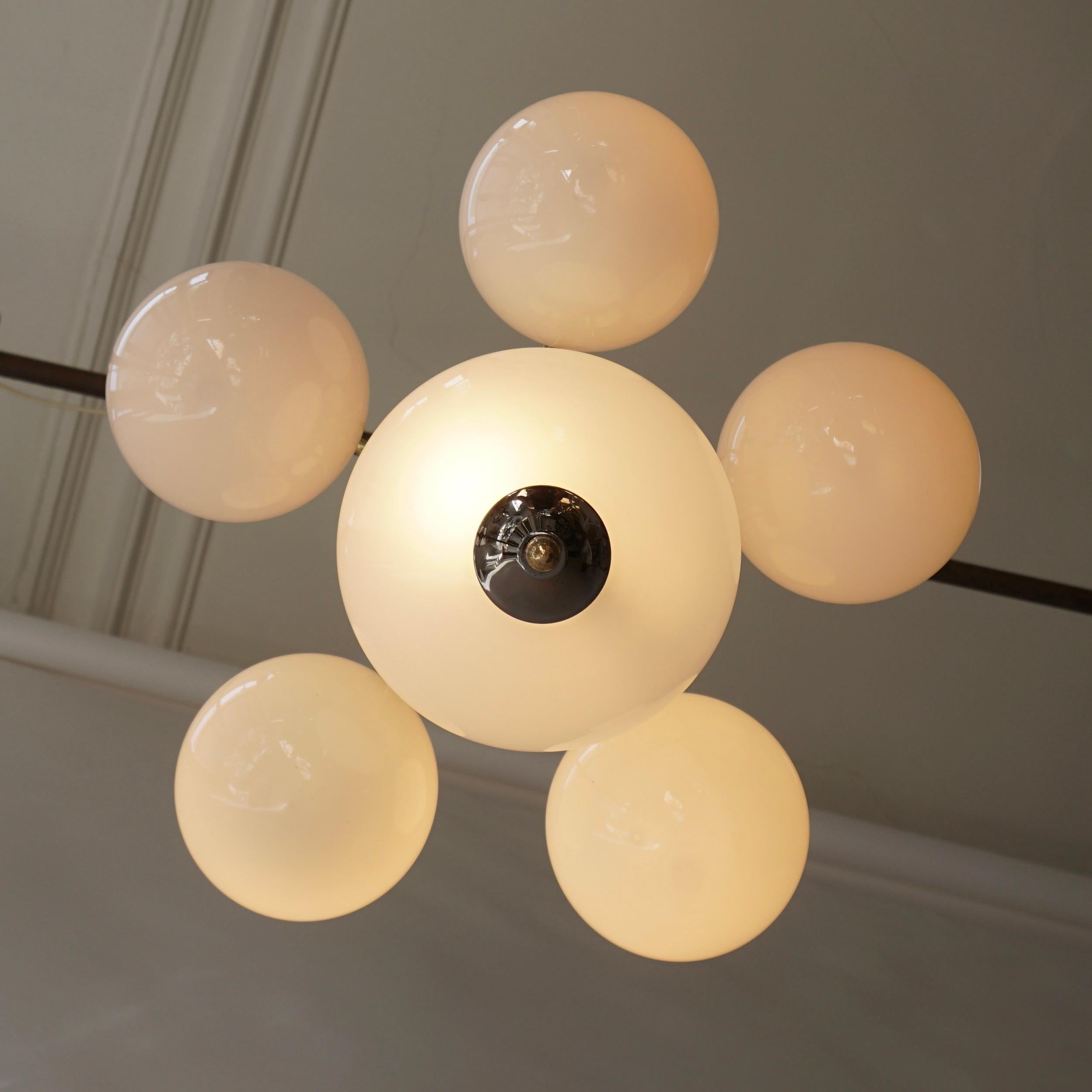 Elegant Murano Opaline Glass and Brass Chandelier, 1970s, Italy For Sale 1