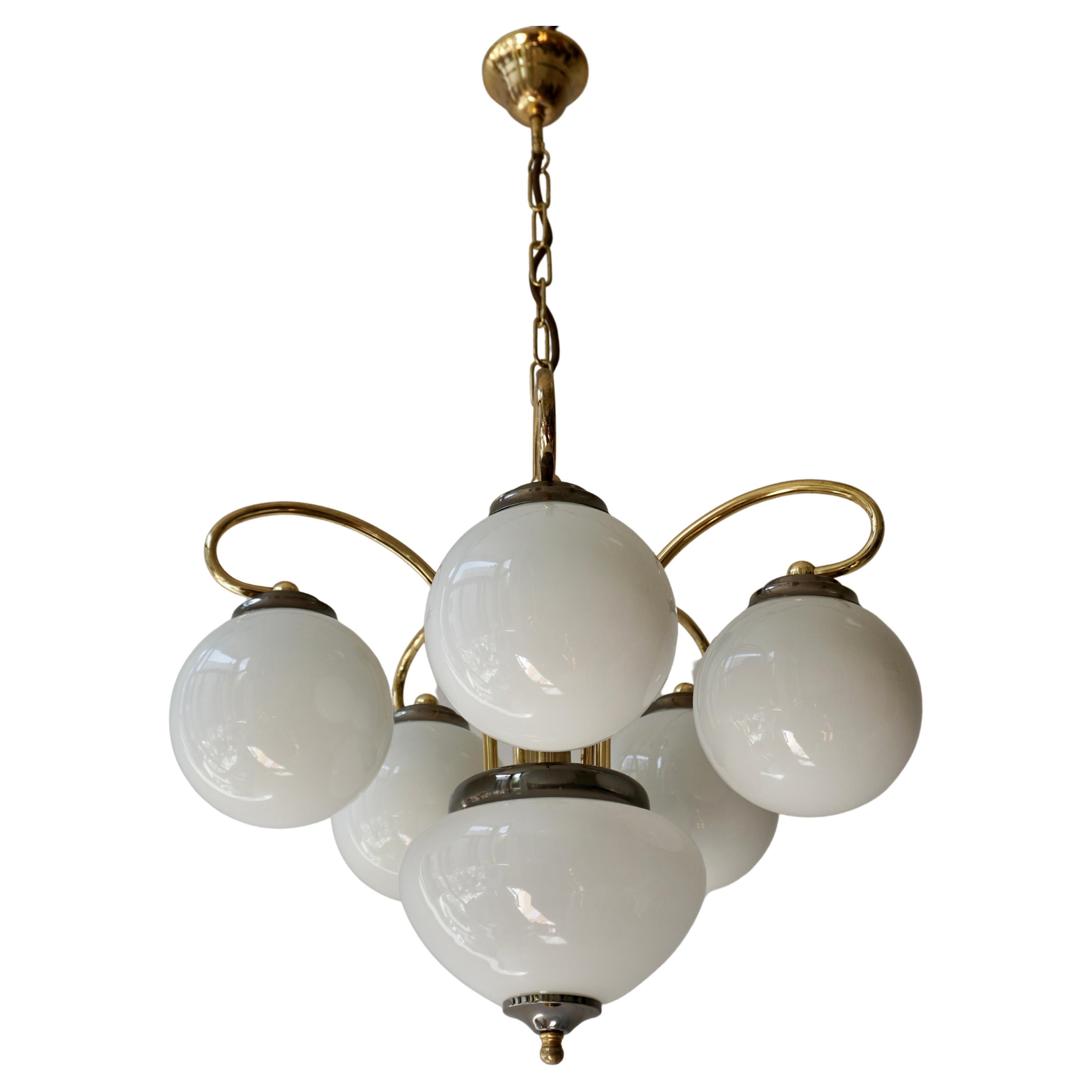 Elegant Murano Opaline Glass and Brass Chandelier, 1970s, Italy For Sale