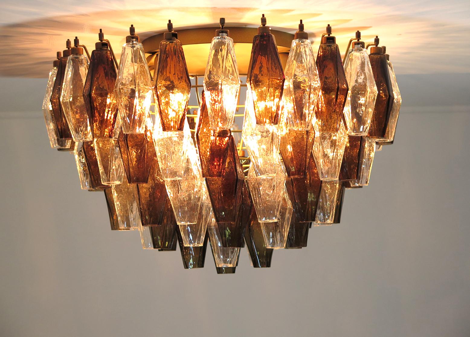 Elegant Italian ceiling light made from 84 beautiful Murano transparent and smoked glasses 