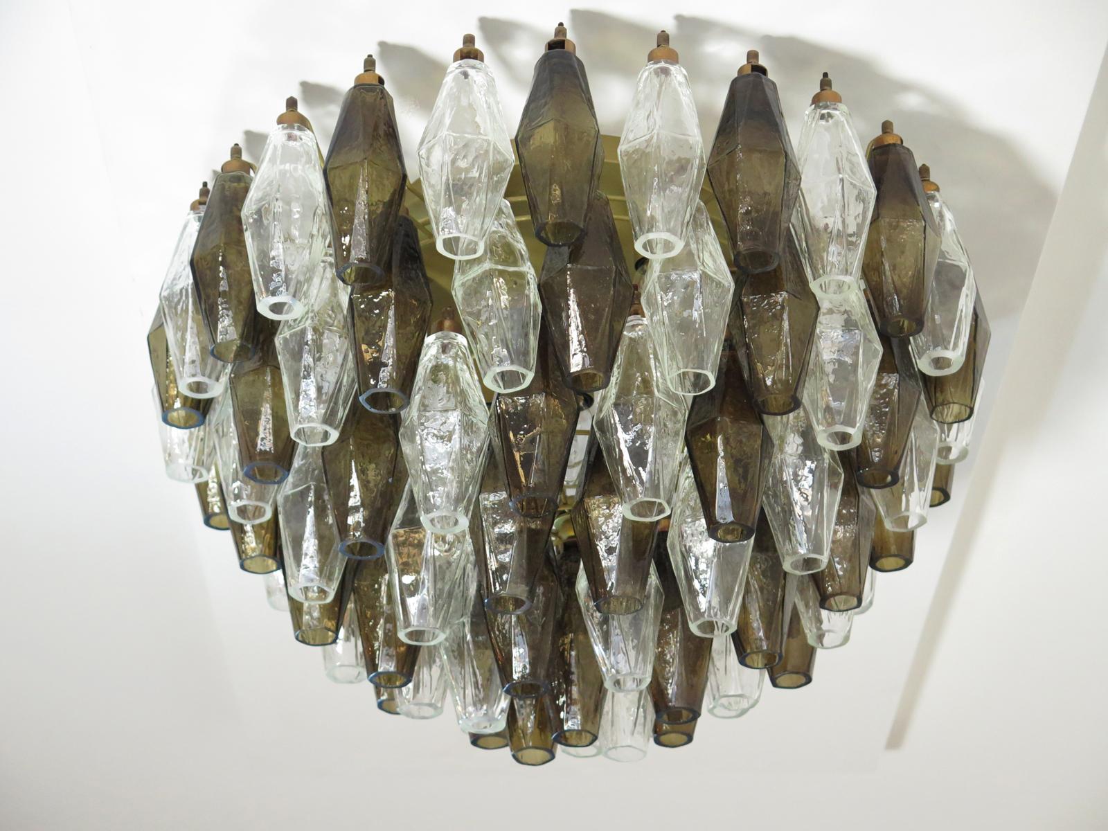 Late 20th Century Elegant Murano Poliedri Ceiling Light, Carlo Scarpa Transparent and Smoked Glass For Sale
