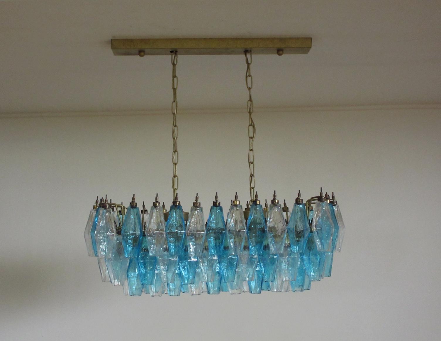 Italian Elegant Murano Poliedri Chandelier, Carlo Scarpa, 84 Glasses Transparent & Blue For Sale