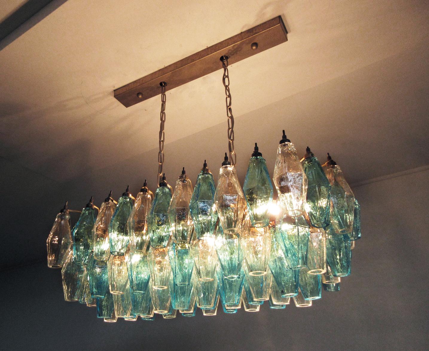 Elegant Murano Poliedri Chandelier, Carlo Scarpa, 84 Glasses Transparent & Blue For Sale 1